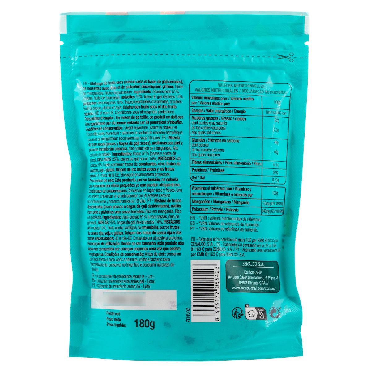 AUCHAN Mix délice raisins secs noisettes baies de goji pistaches 180g