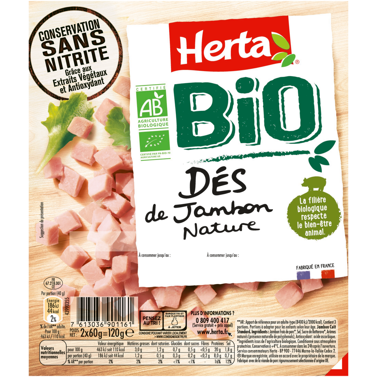 HERTA Dés de jambon nature bio sans nitrite 2x60g