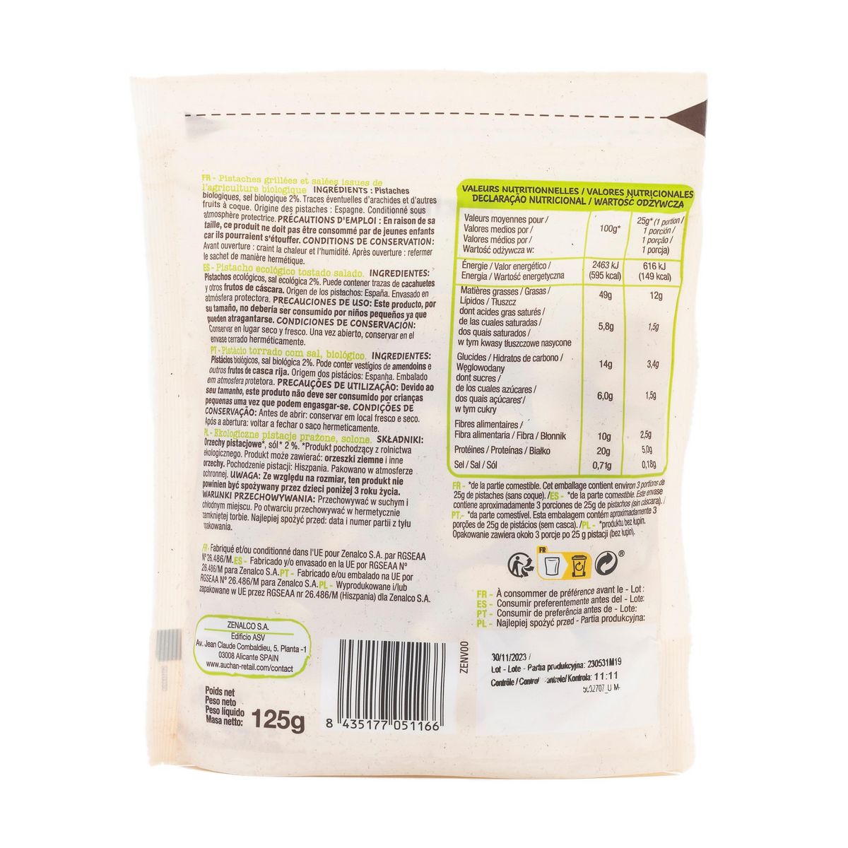 AUCHAN BIO Pistaches grillées et salées 125g