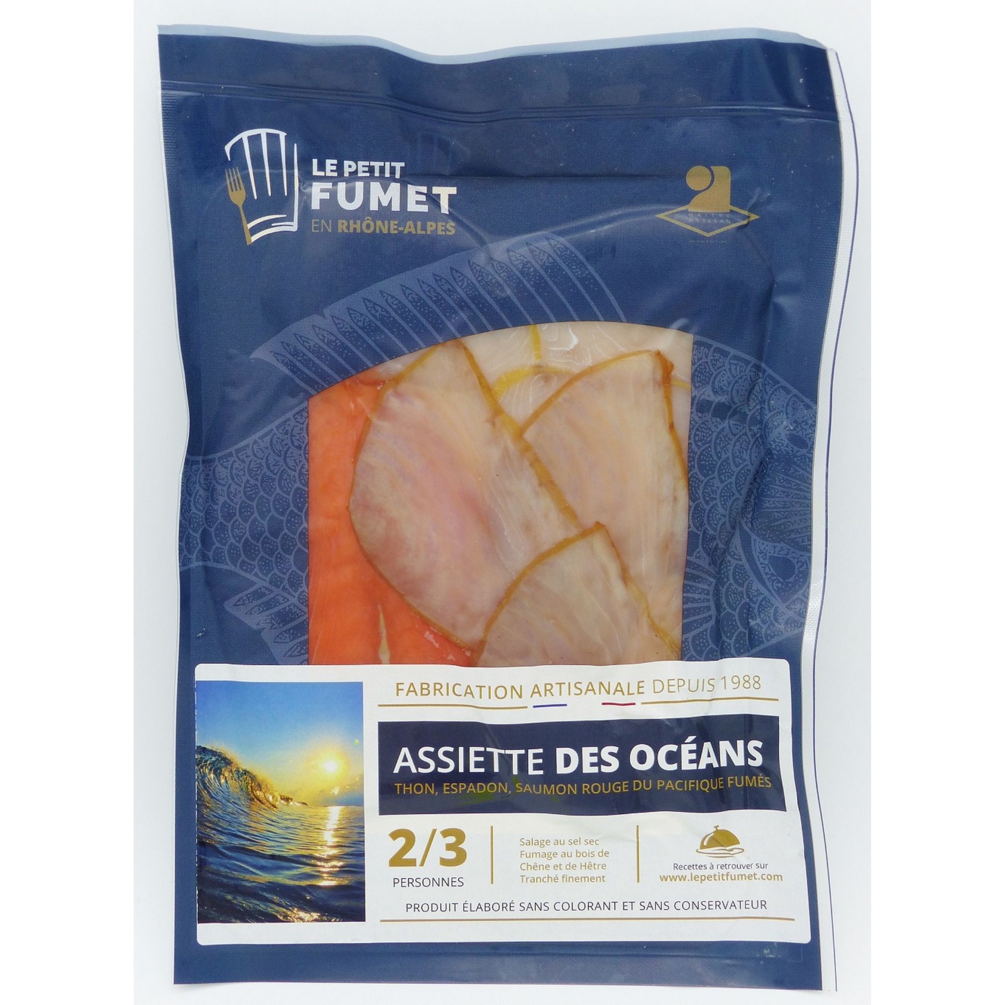 LE PETIT FUMET Assiette des Océans thon espadon saumon rouge du pacifique fumés 2/3 parts 130g