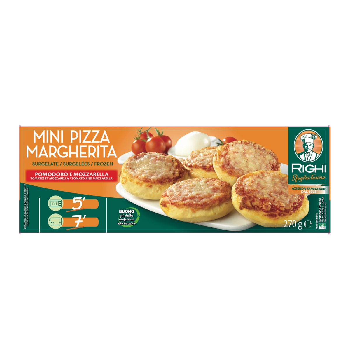Mini pizzas margherita tomate & mozzarella surgelées 9 pièces 9x30g