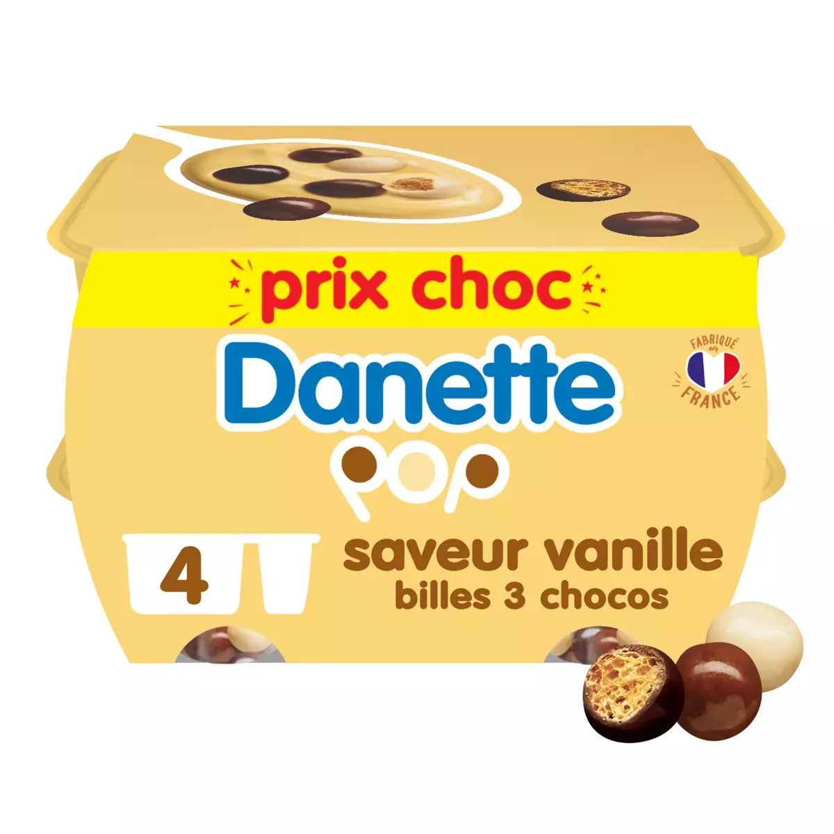 DANETTE Pop Crème dessert à la vanille et billes soufflées 3 chocos 4x117g
