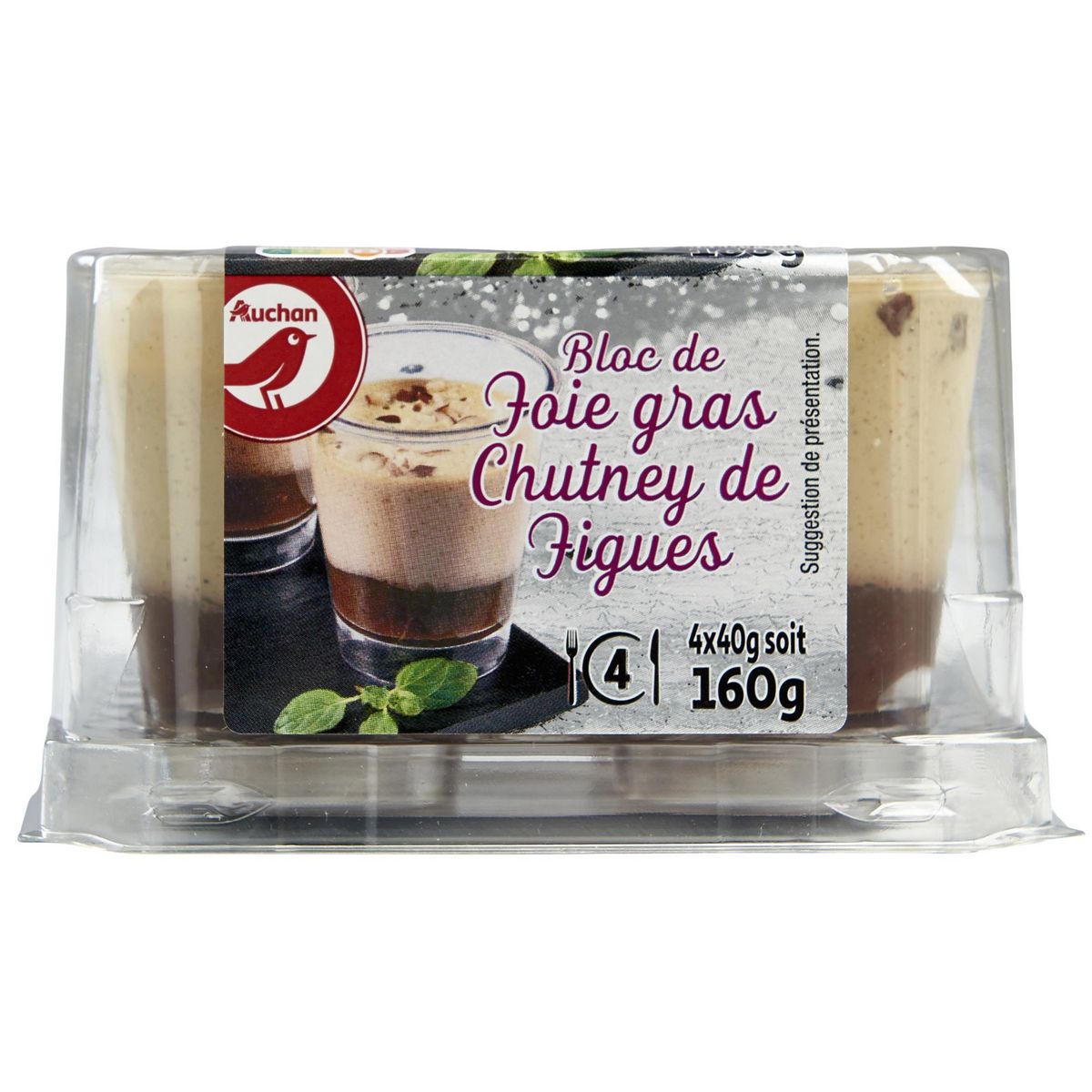AUCHAN Verrine bloc de foie gras chutney de figues 4 pièces 160g