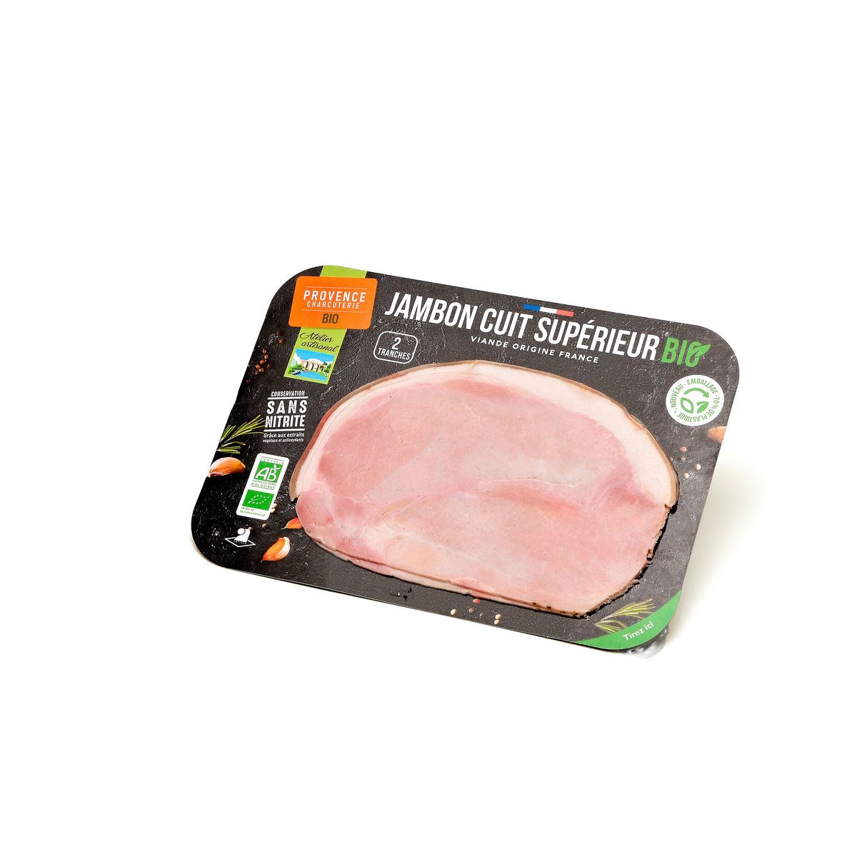PROVENCE CHARCUTERIE Jambon cuit supérieur sans nitrite avec couenne bio 2 tranches 90g