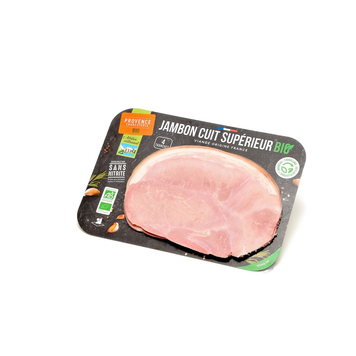 PROVENCE CHARCUTERIE Jambon cuit supérieur avec couenne bio 4 tranches 180g