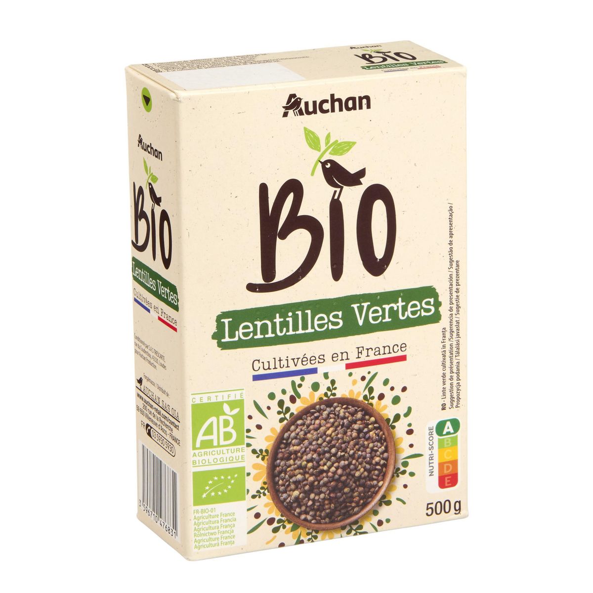 AUCHAN BIO Lentilles vertes origine France 500g