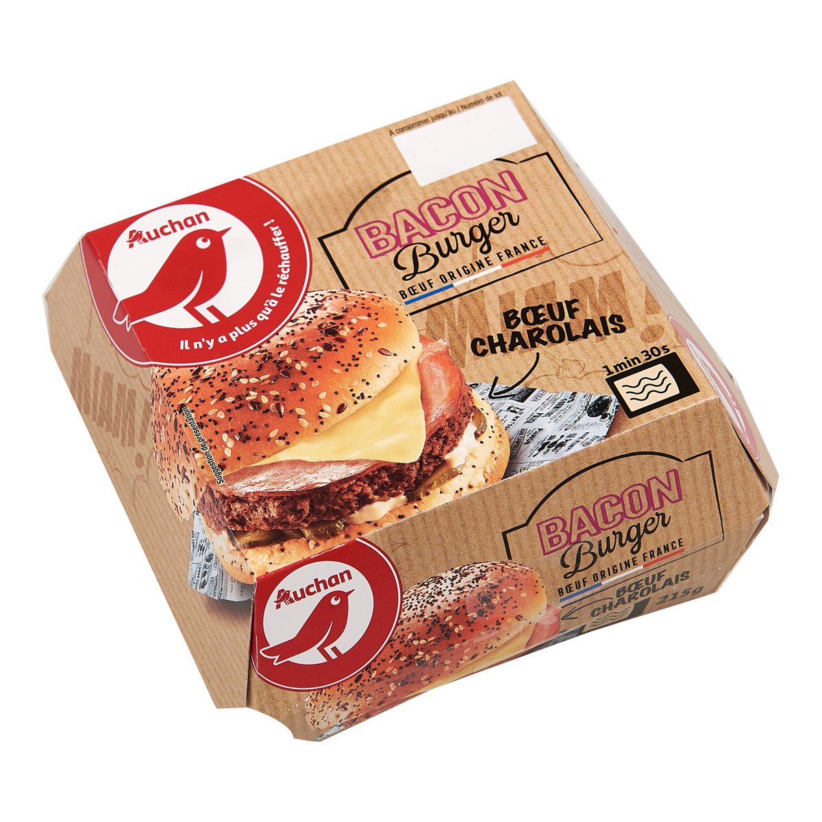 AUCHAN Bacon burger au boeuf charolais 1 pièce 215g
