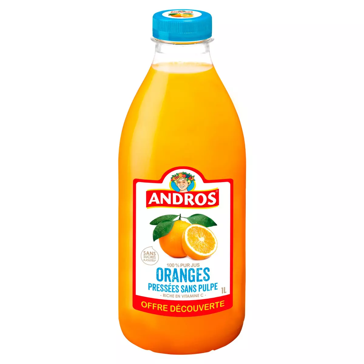 ANDROS Pur jus d'orange pressée sans pulpe ni sucres ajoutés 1l