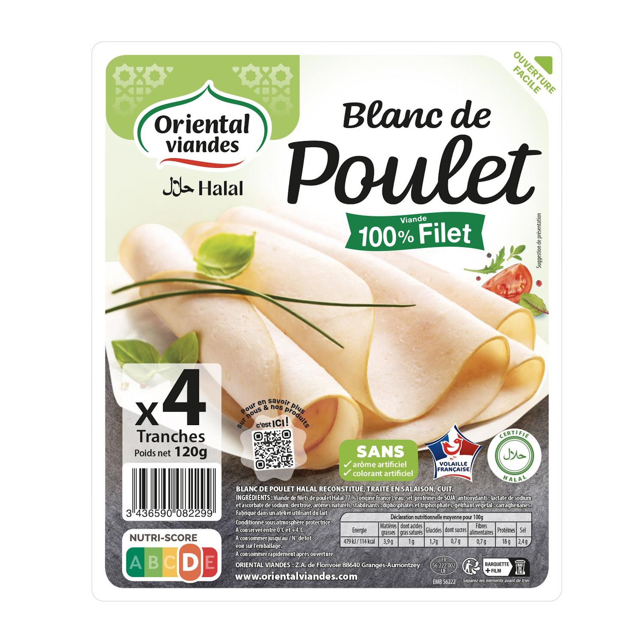ORIENTAL VIANDES Blanc de poulet 100% filet halal 4 tranches 120g