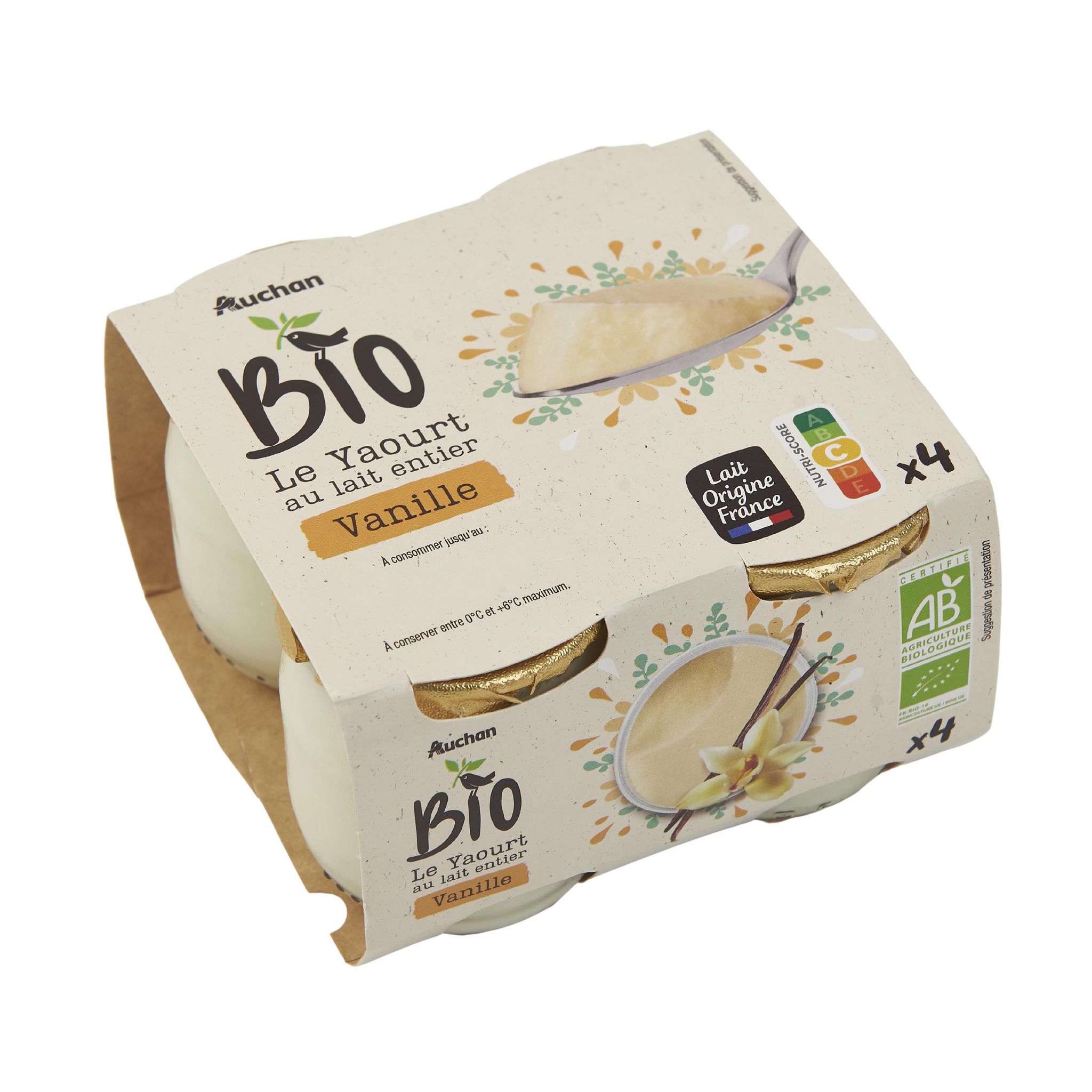 Voir la diapositive 2 : AUCHAN BIO Yaourt au lait entier à la vanille 4x125g