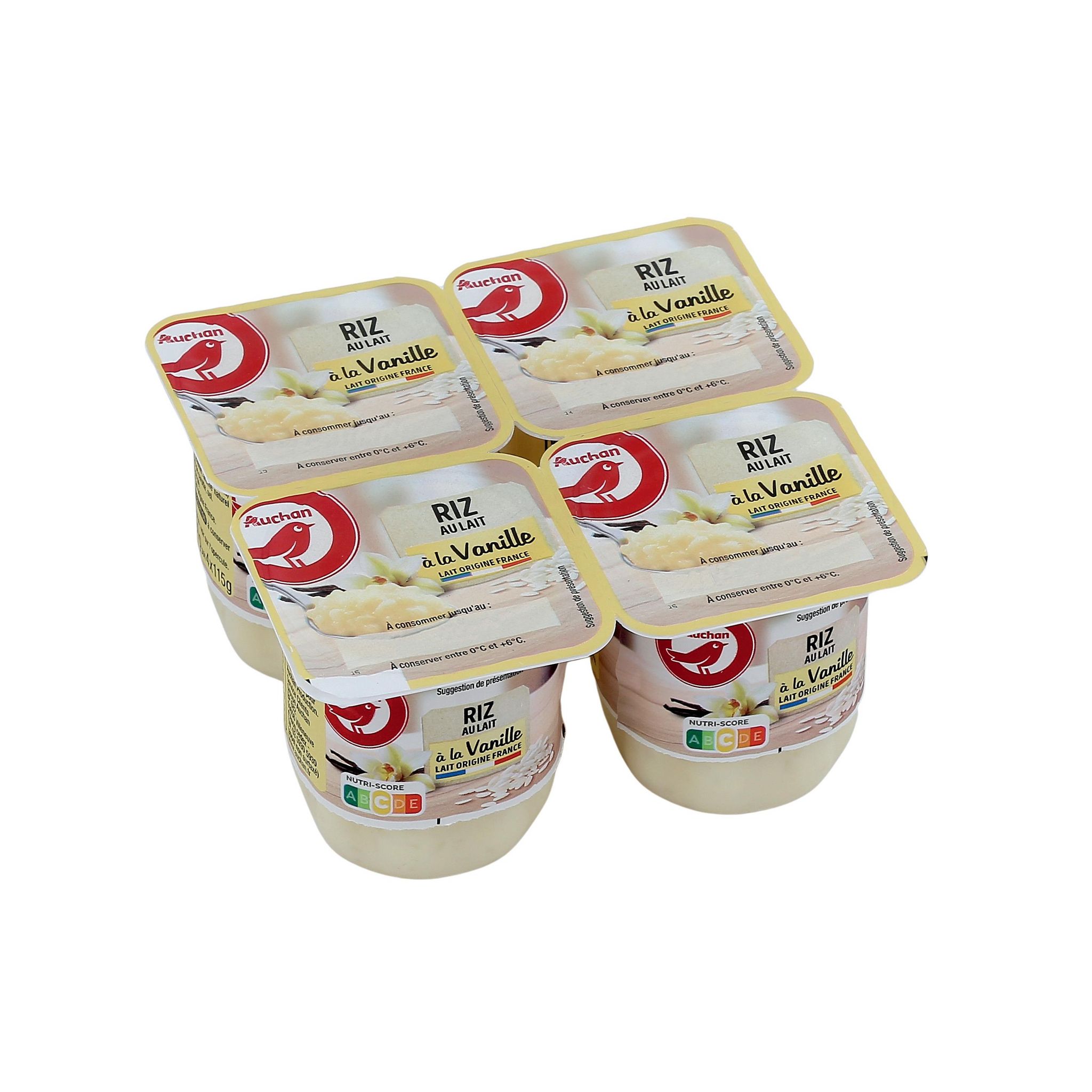Voir la diapositive 2 : AUCHAN Riz au lait à la vanille 4x115g