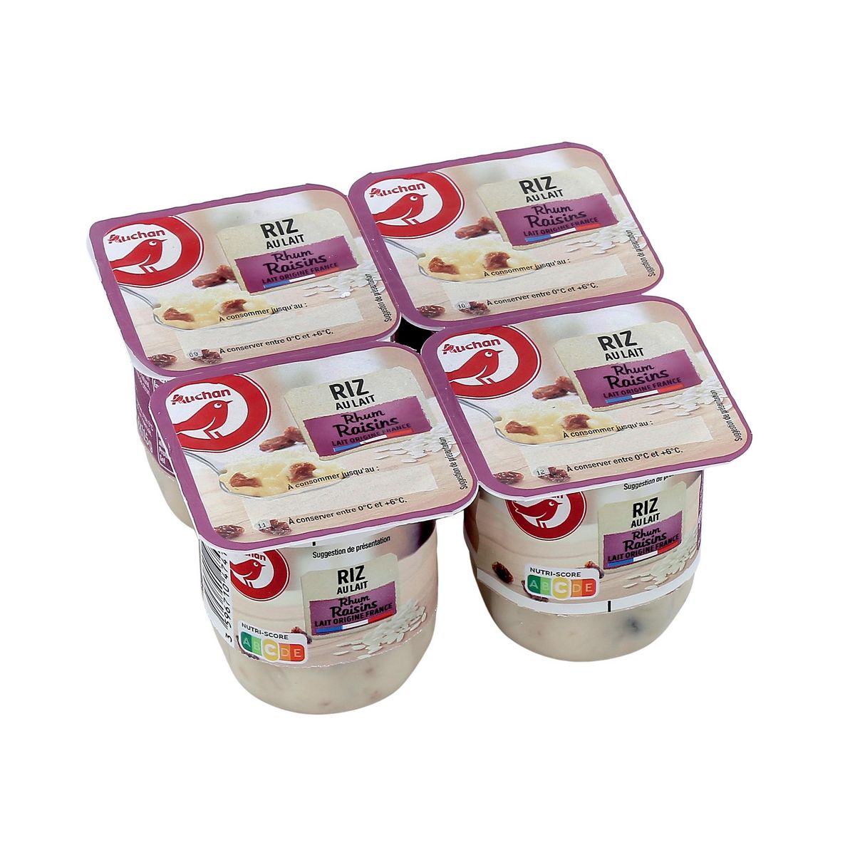 AUCHAN Riz au lait rhum raisins 4x125g
