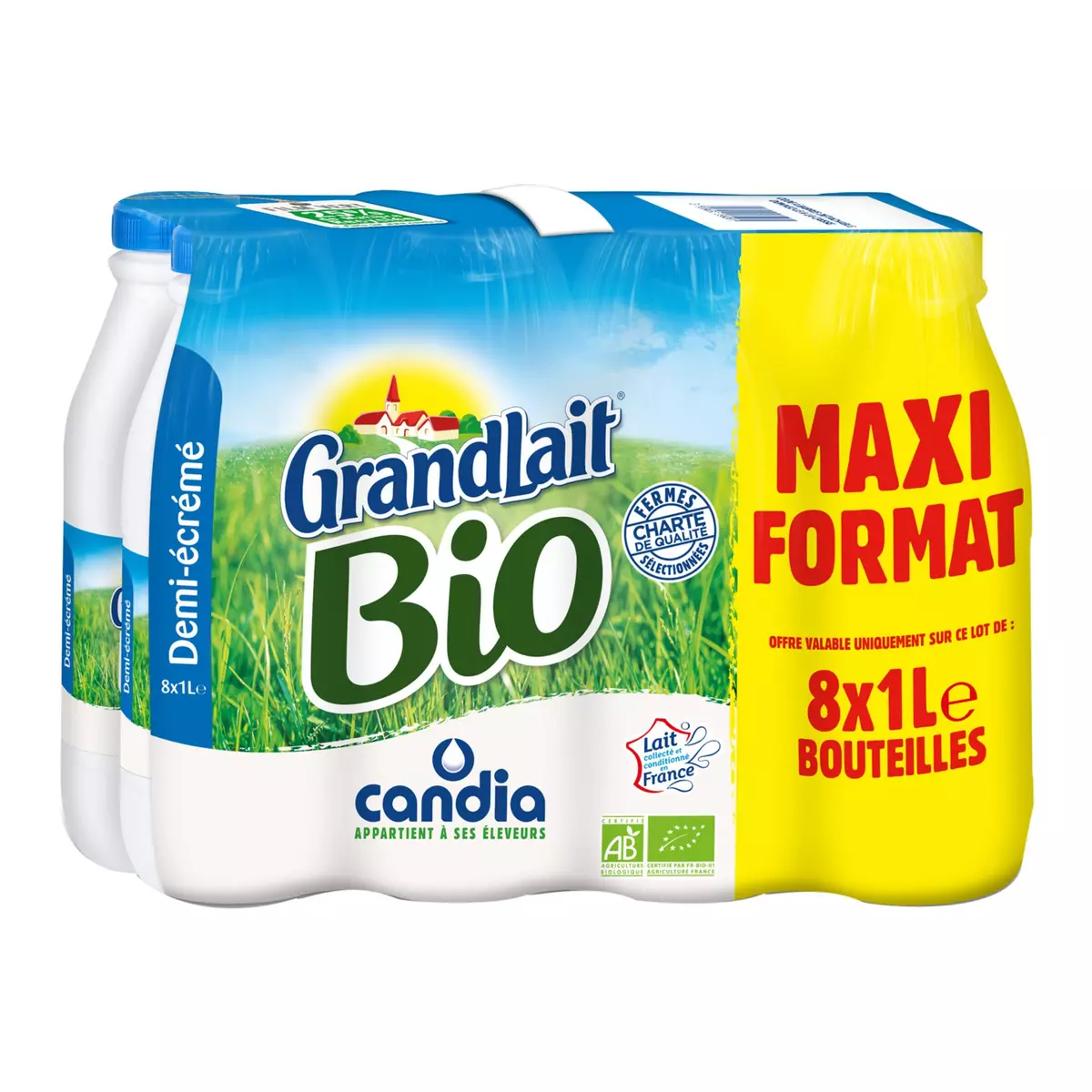 CANDIA Grandlait lait demi-écrémé bio 8x1L
