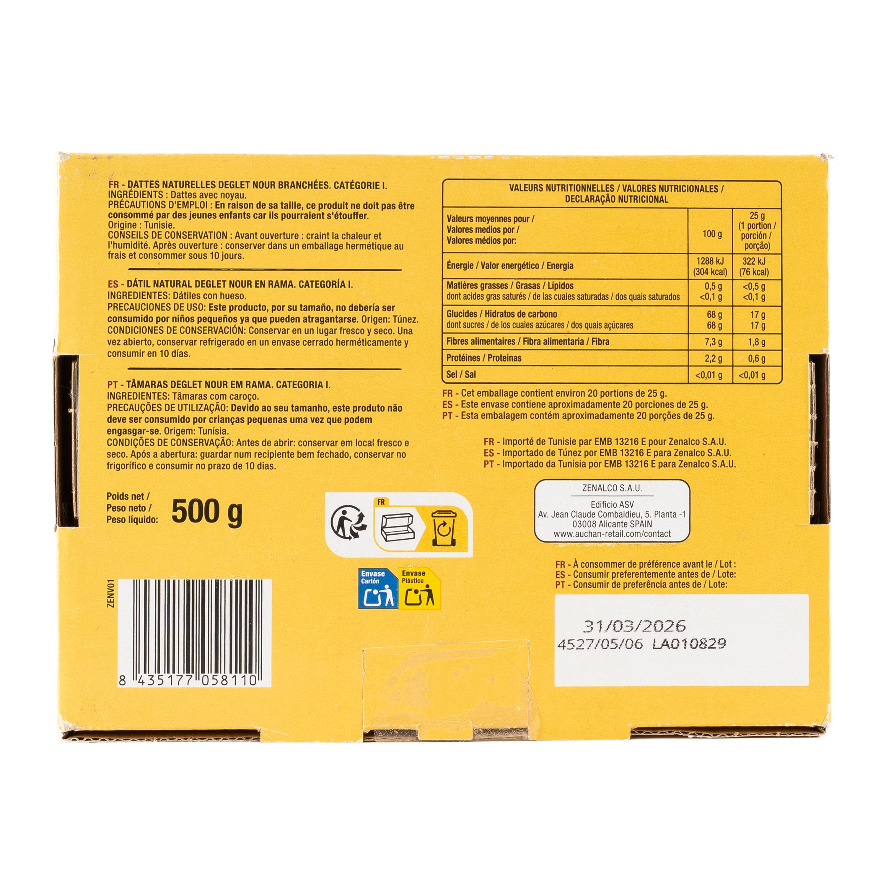 Voir la diapositive 2 : AUCHAN Dattes naturelles deglet nour sur branches 500g
