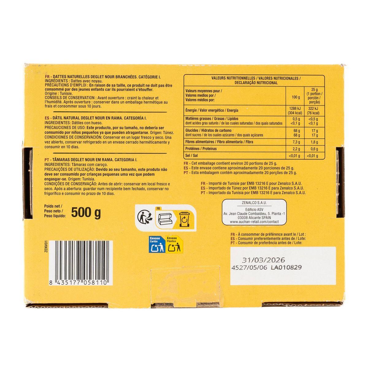 AUCHAN Dattes naturelles deglet nour sur branches 500g