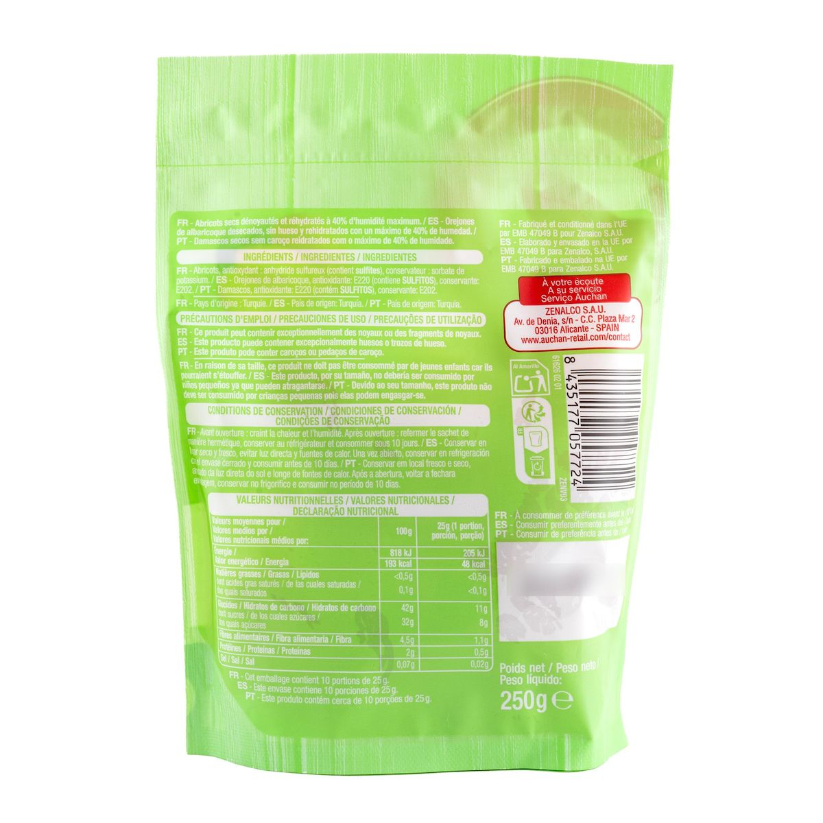 AUCHAN Abricots moelleux dénoyautés 250g