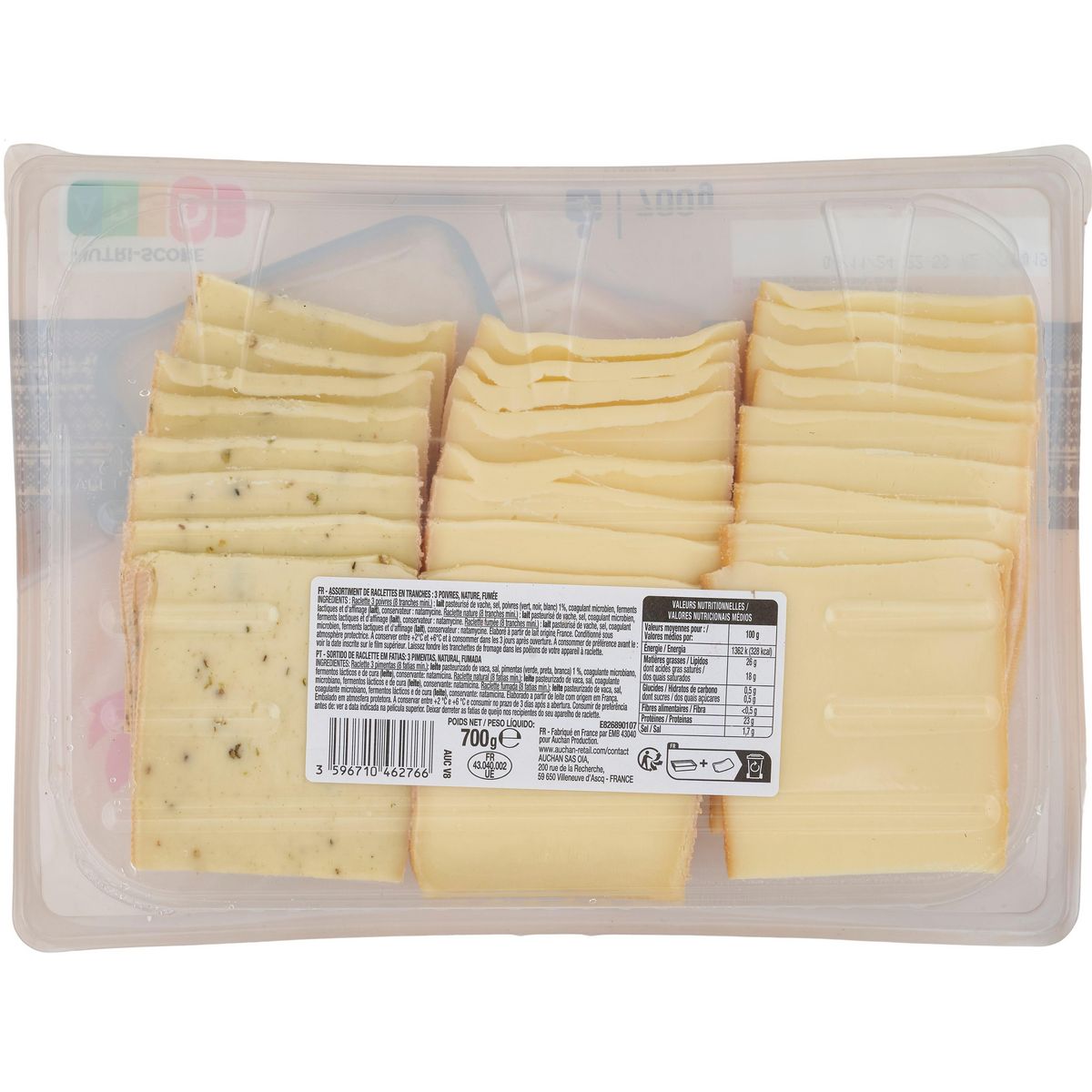 AUCHAN Fromage à raclette trio poivre nature fumé 4/6 parts 700g