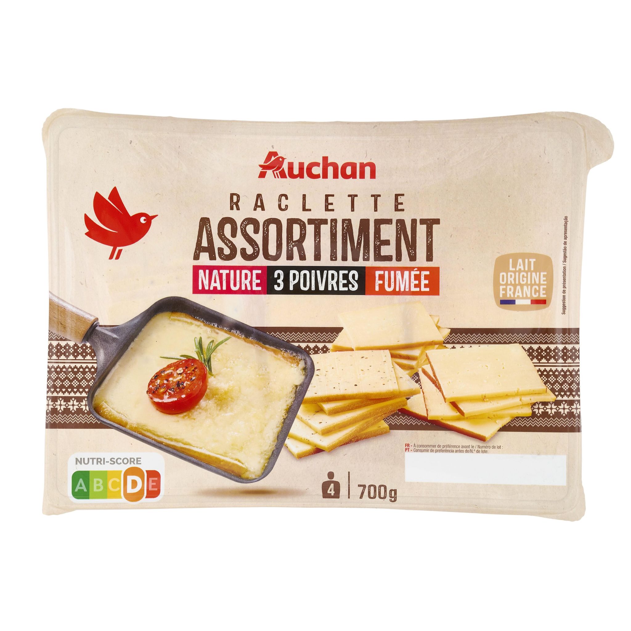 Voir la diapositive 2 : AUCHAN Fromage à raclette trio poivre nature fumé 4/6 parts 700g