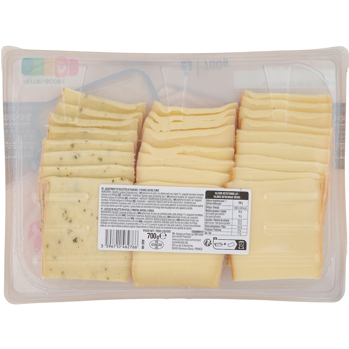 AUCHAN Fromage à raclette trio poivre nature fumé 4/6 parts 700g