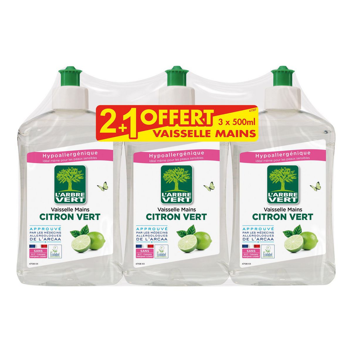 L'ARBRE VERT Liquide vaisselle citron vert 3x500ml dont 1 offert