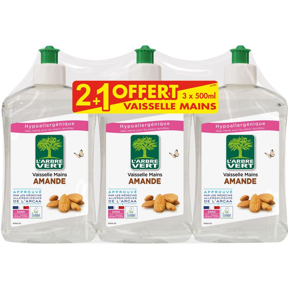 L'ARBRE VERT Liquide vaisselle amande 3x500ml dont 1 offert