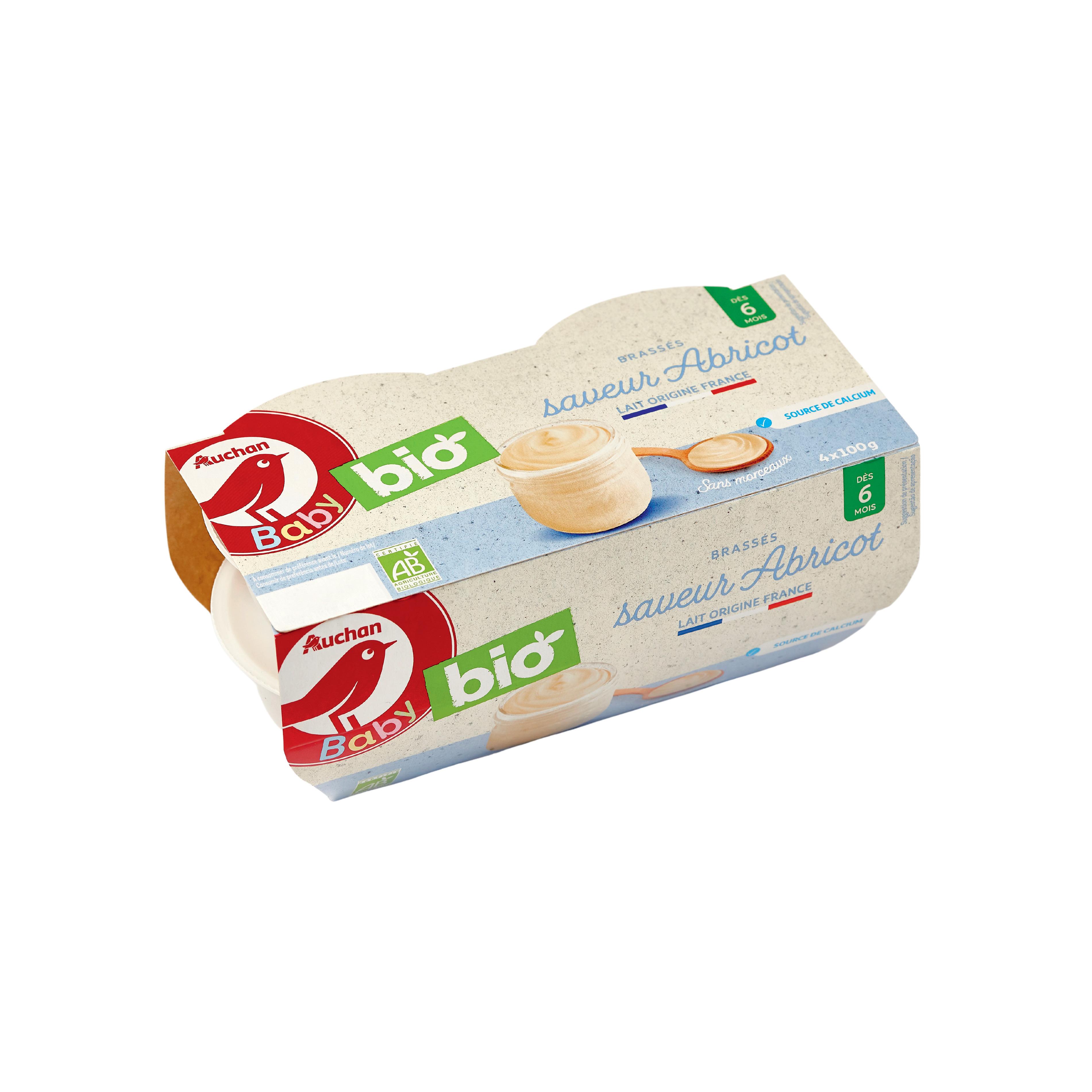 Voir la diapositive 2 : AUCHAN BABY BIO Pot dessert lacté brassé à l'abricot dès 6 mois 4x100g