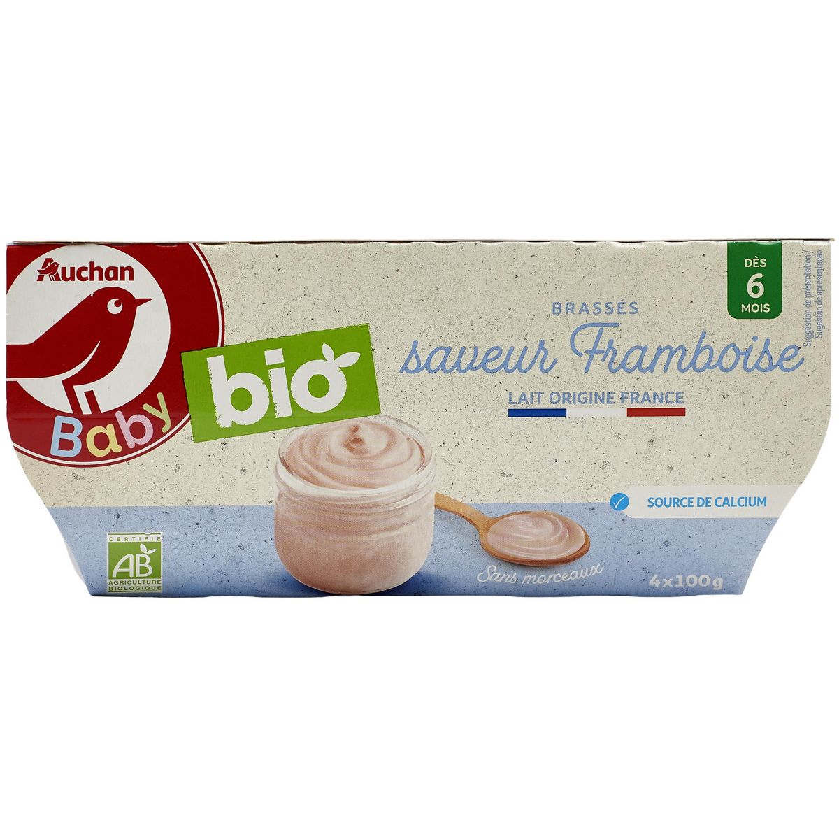 AUCHAN BABY BIO Pot dessert lacté brassé framboise dès 6 mois 4x100g
