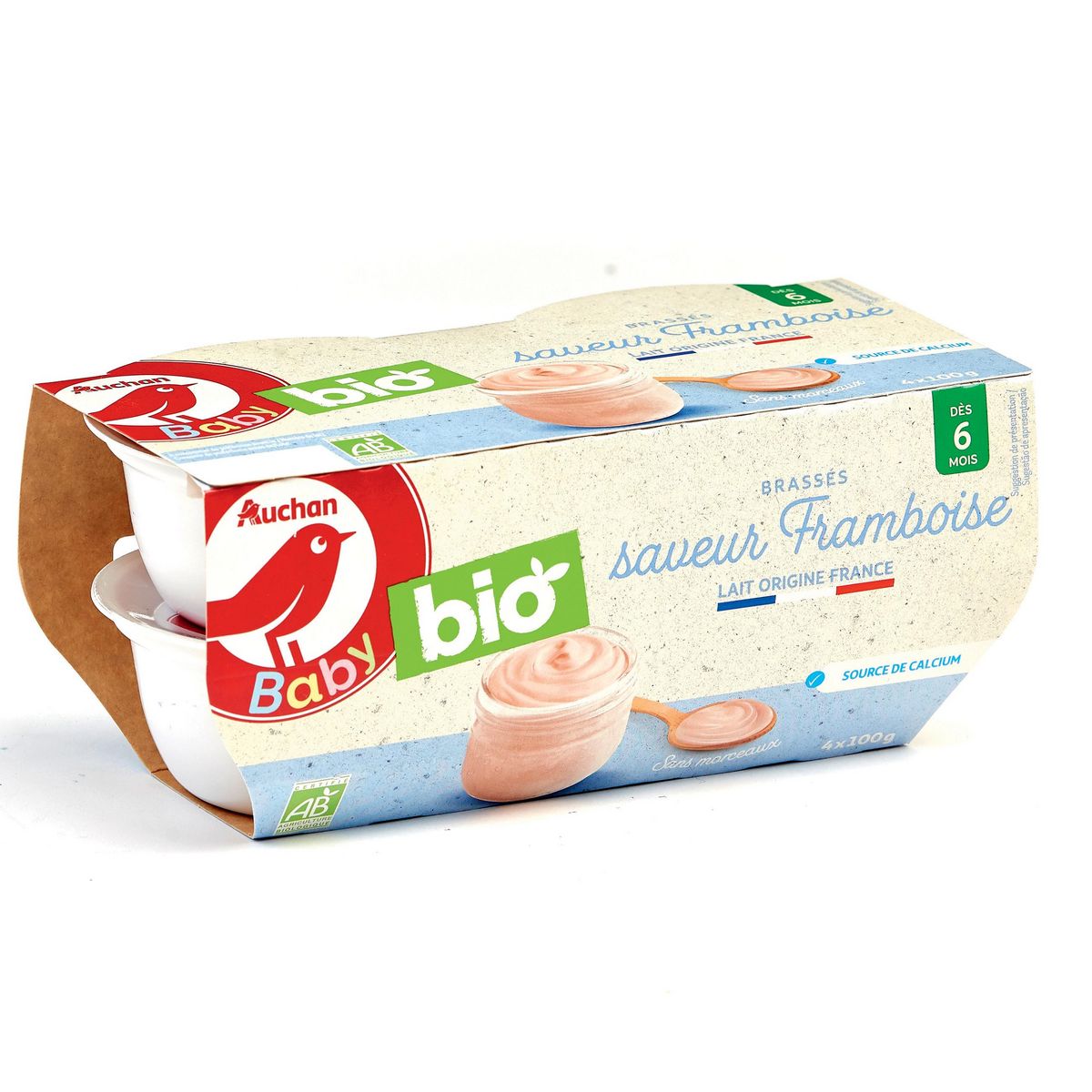 AUCHAN BABY BIO Pot dessert lacté brassé framboise dès 6 mois 4x100g