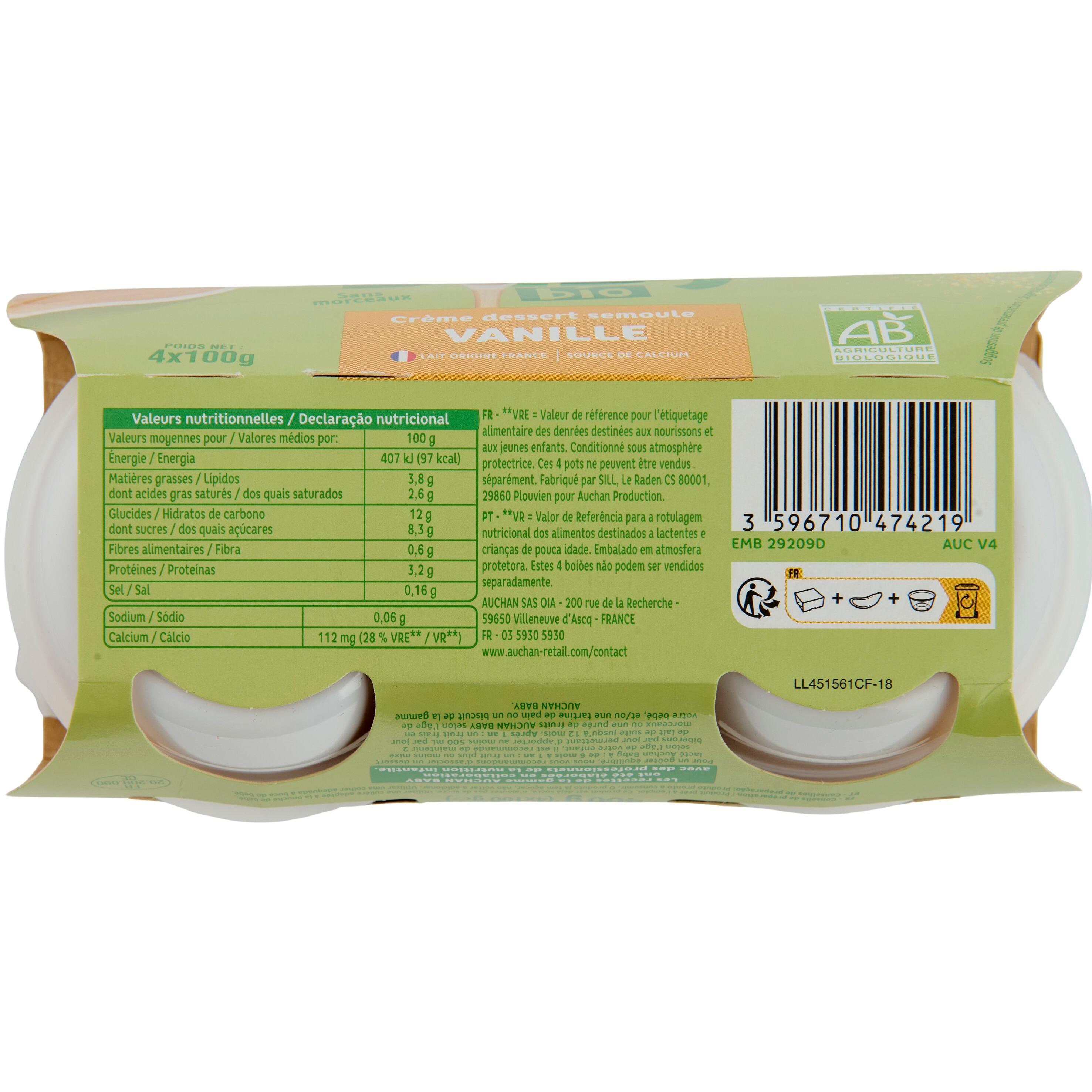 Voir la diapositive 2 : AUCHAN BABY BIO Pot dessert lacté brassé à la vanille dès 6 mois 4x100g