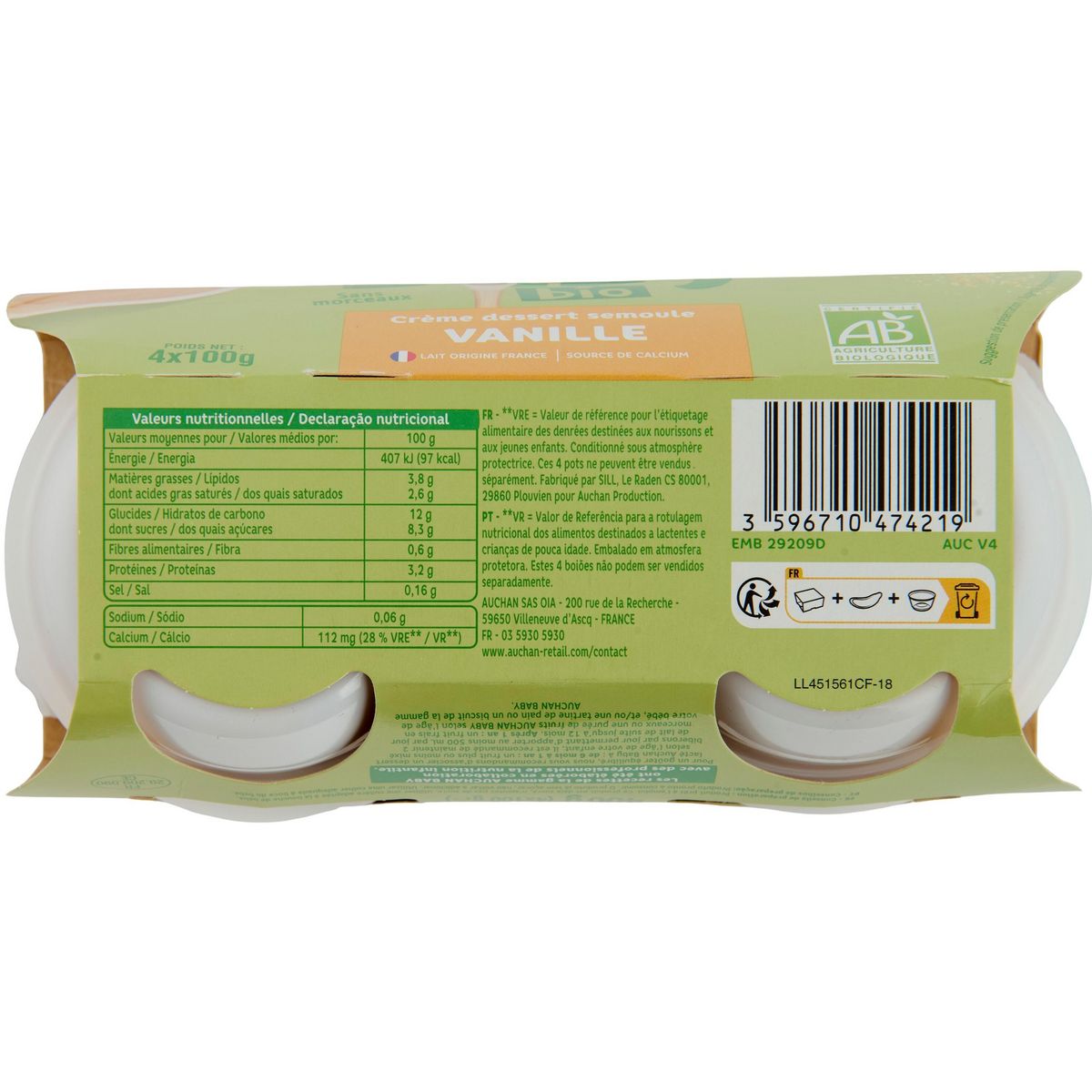 AUCHAN BABY BIO Pot dessert lacté brassé à la vanille dès 6 mois 4x100g