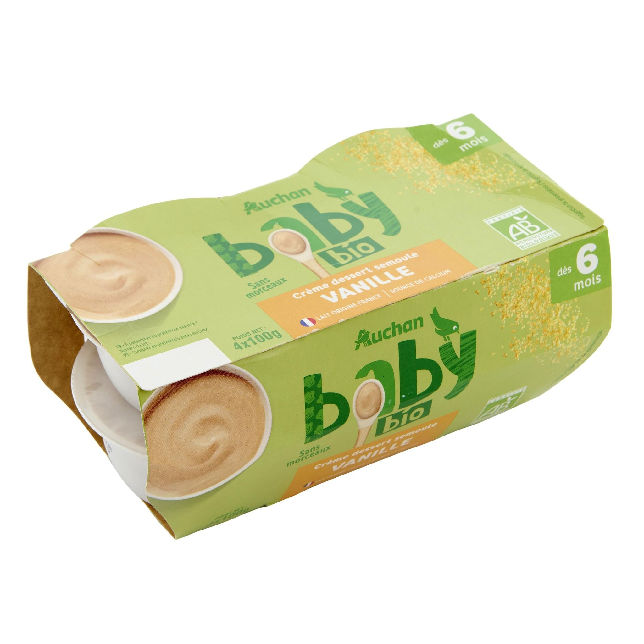Voir la diapositive 2 : AUCHAN BABY BIO Pot dessert lacté brassé à la vanille dès 6 mois 4x100g