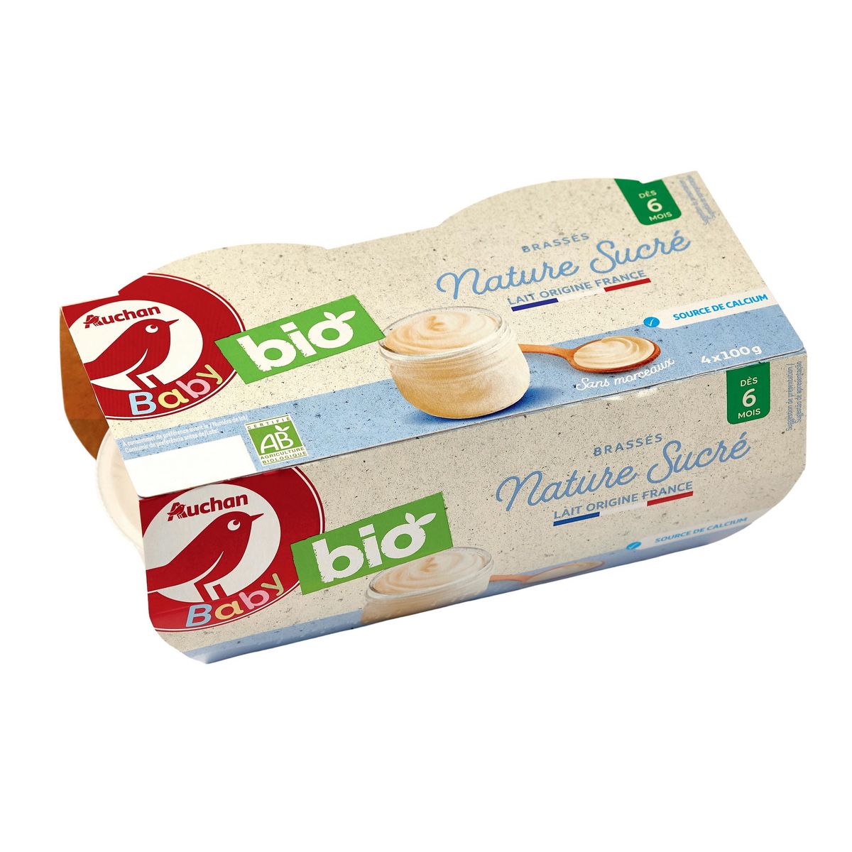 AUCHAN BABY BIO Petit pot dessert lacté brassé nature sucré dès 6 mois 4x100g