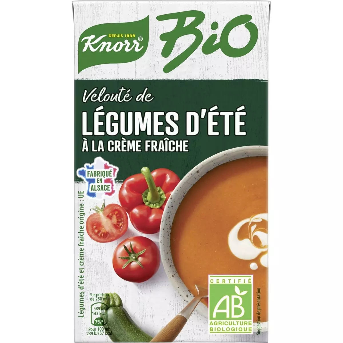 KNORR Velouté bio de légumes d'été à la crème fraîche fabriqué en Alsace 4 personnes 1l