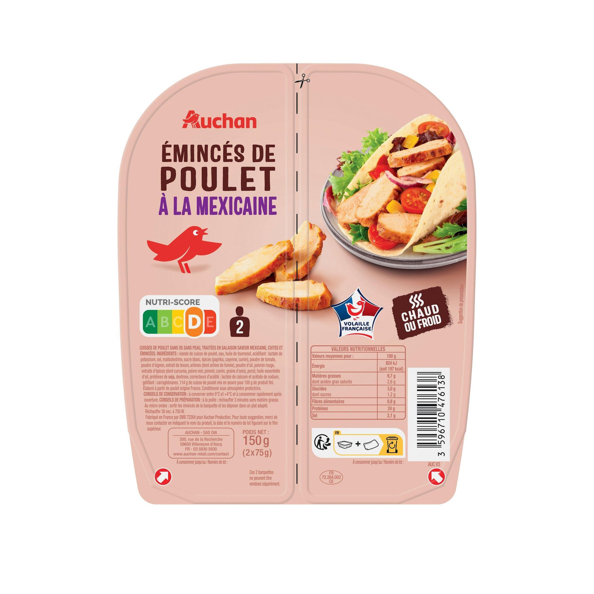 Voir la diapositive 2 : AUCHAN Emincés de poulet à la mexicaine 2x75g