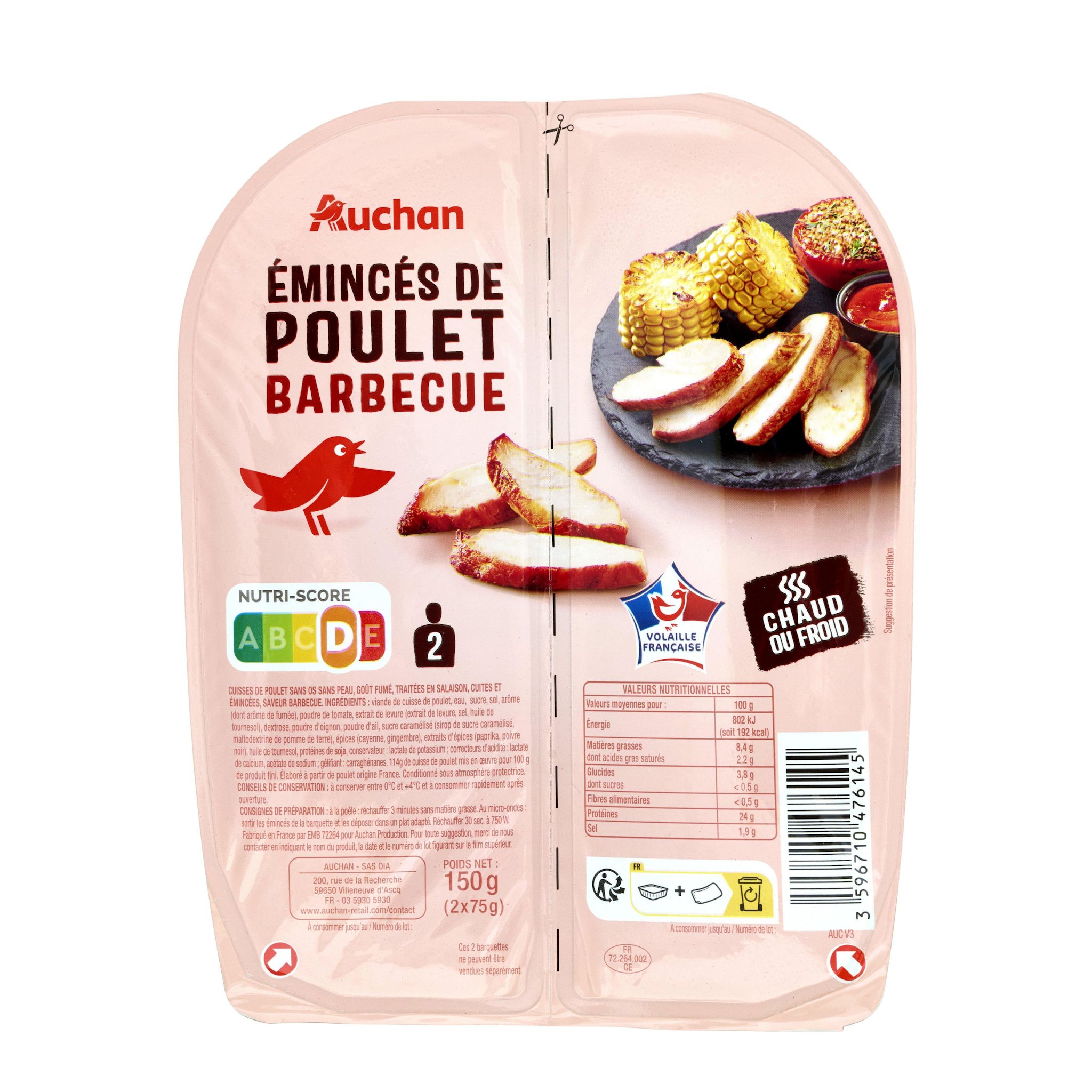 Voir la diapositive 2 : AUCHAN Emincés de poulet Barbecue 2x75g
