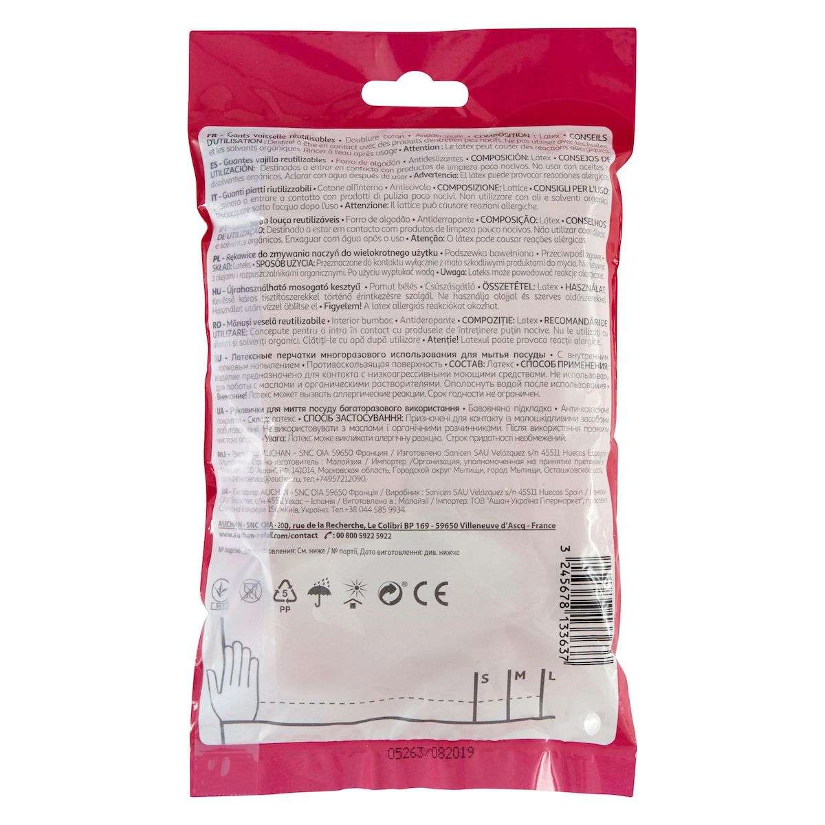 AUCHAN Gants à vaisselle doublure coton taille L 1 paire