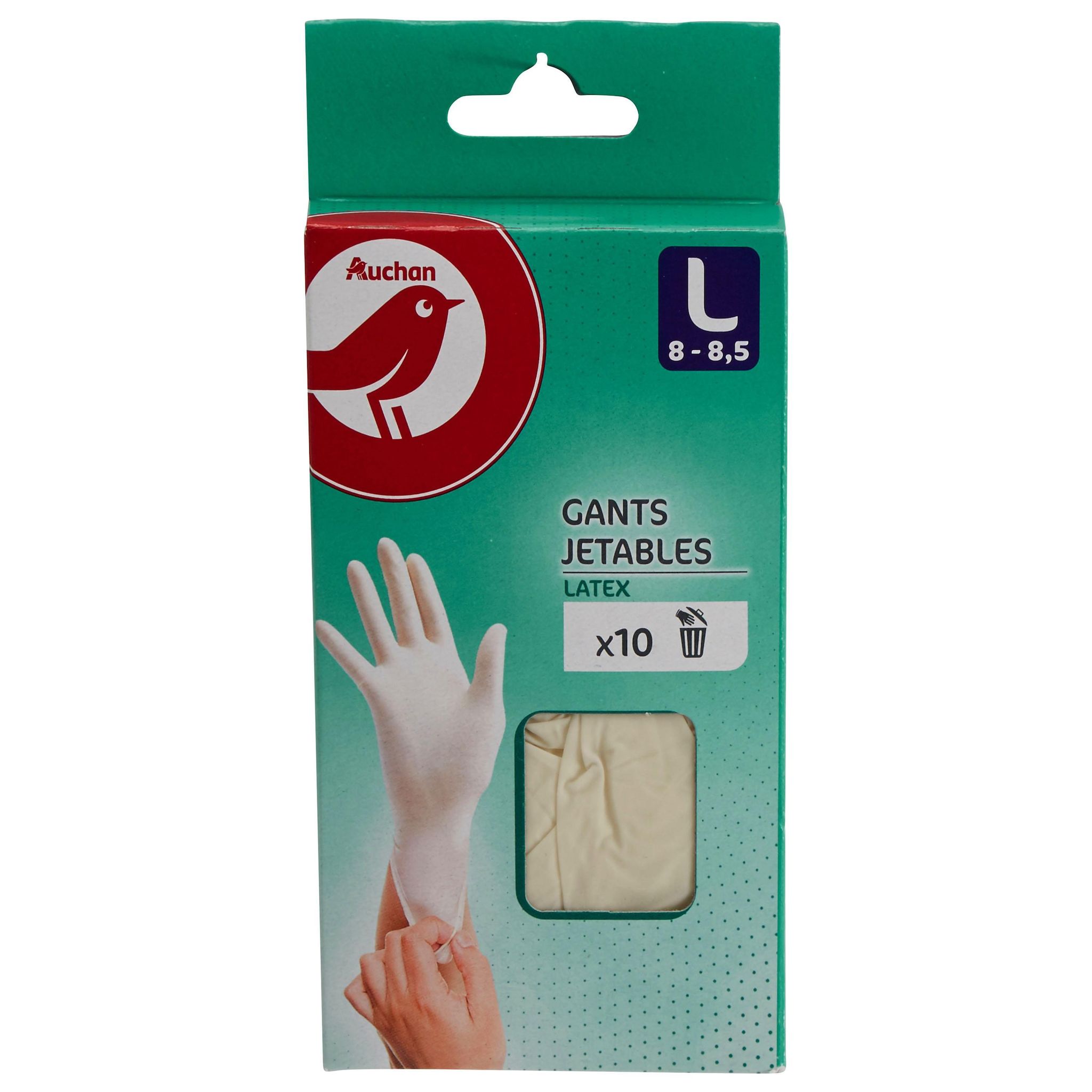 Voir la diapositive 2 : AUCHAN Gants jetables en latex taille L 10 gants