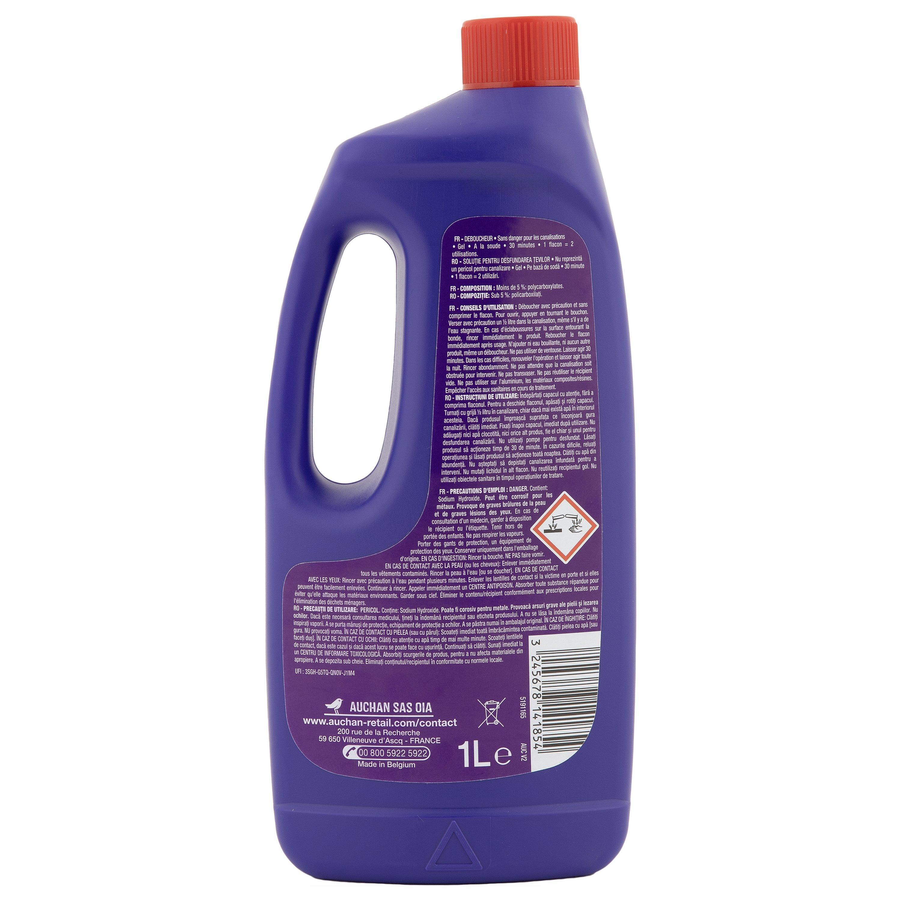 Voir la diapositive 2 : AUCHAN Gel déboucheur canalisations à la soude 1l