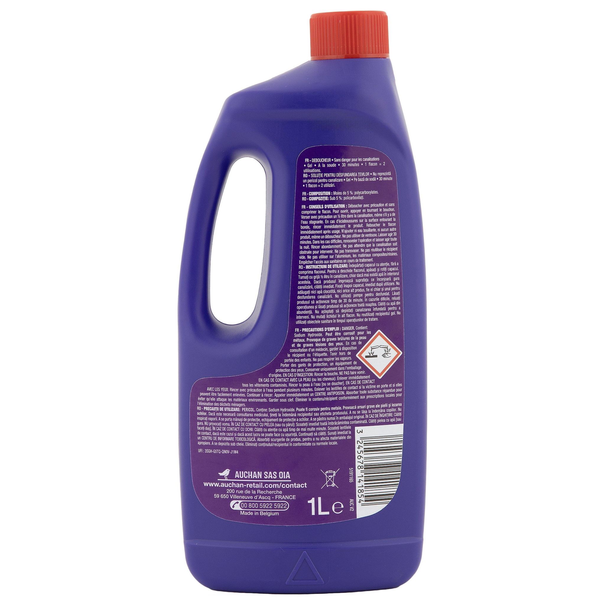 Voir la diapositive 2 : AUCHAN Gel déboucheur canalisations à la soude 1l
