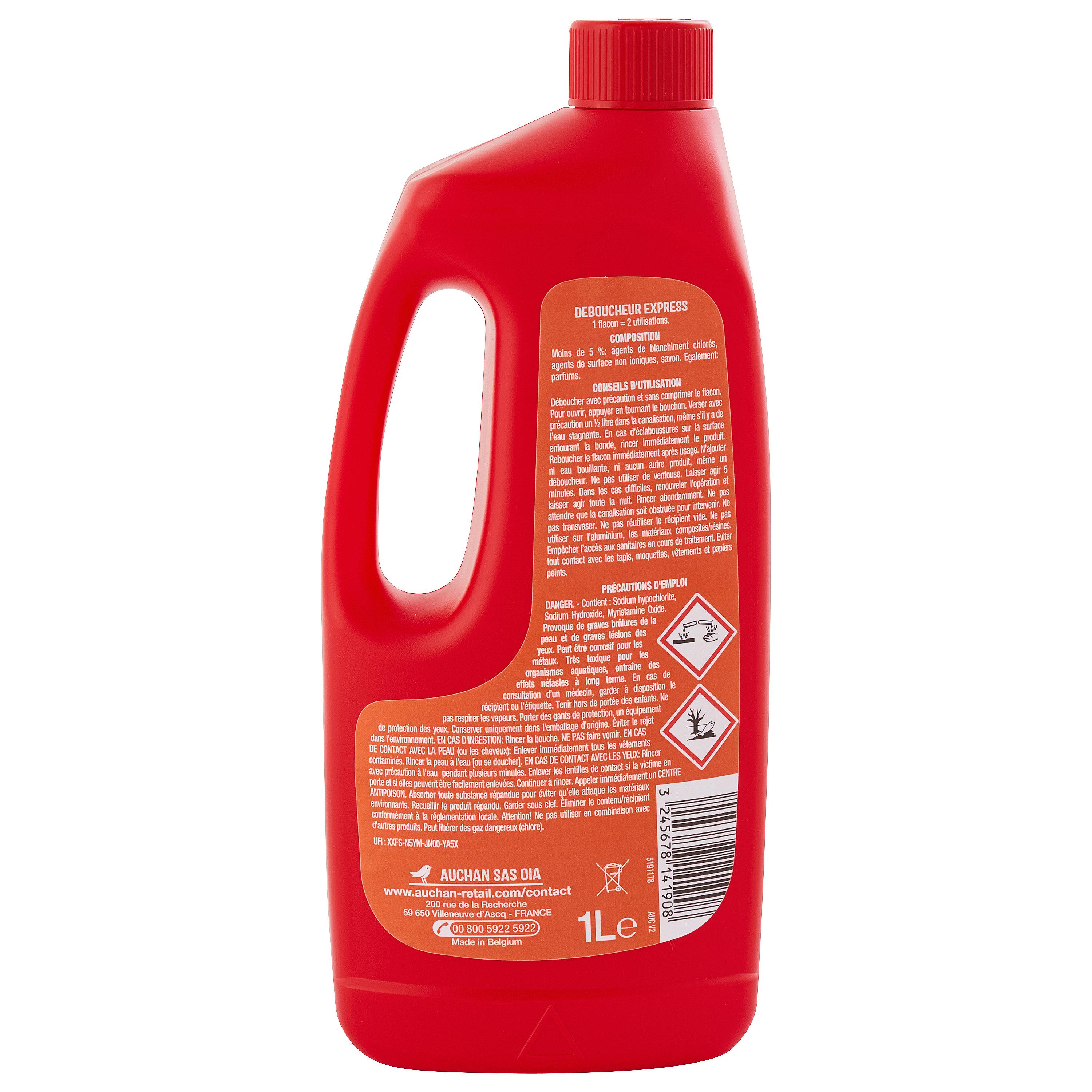 Voir la diapositive 2 : AUCHAN Gel déboucheur canalisations express avec javel 1l