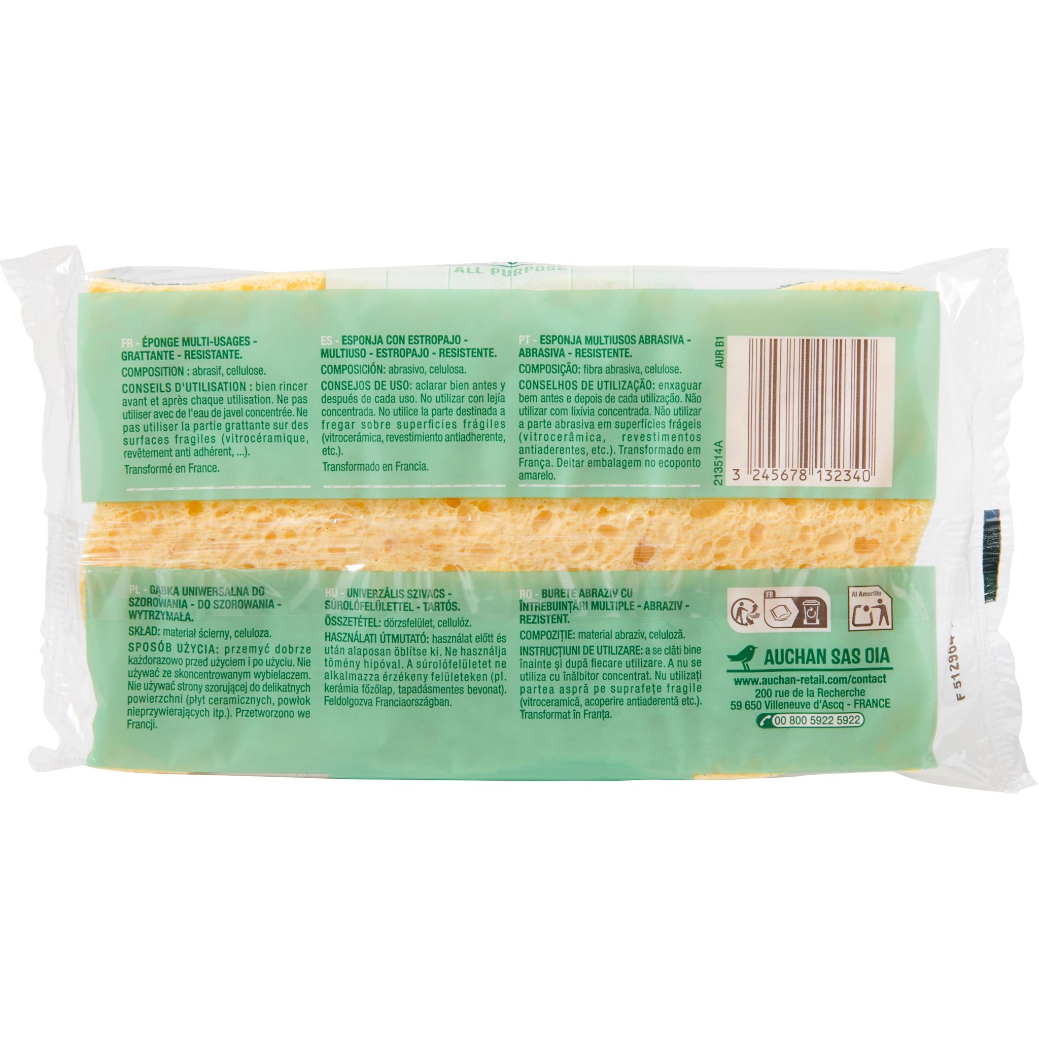 Voir la diapositive 2 : AUCHAN Éponges grattantes multi-usages 3 éponges