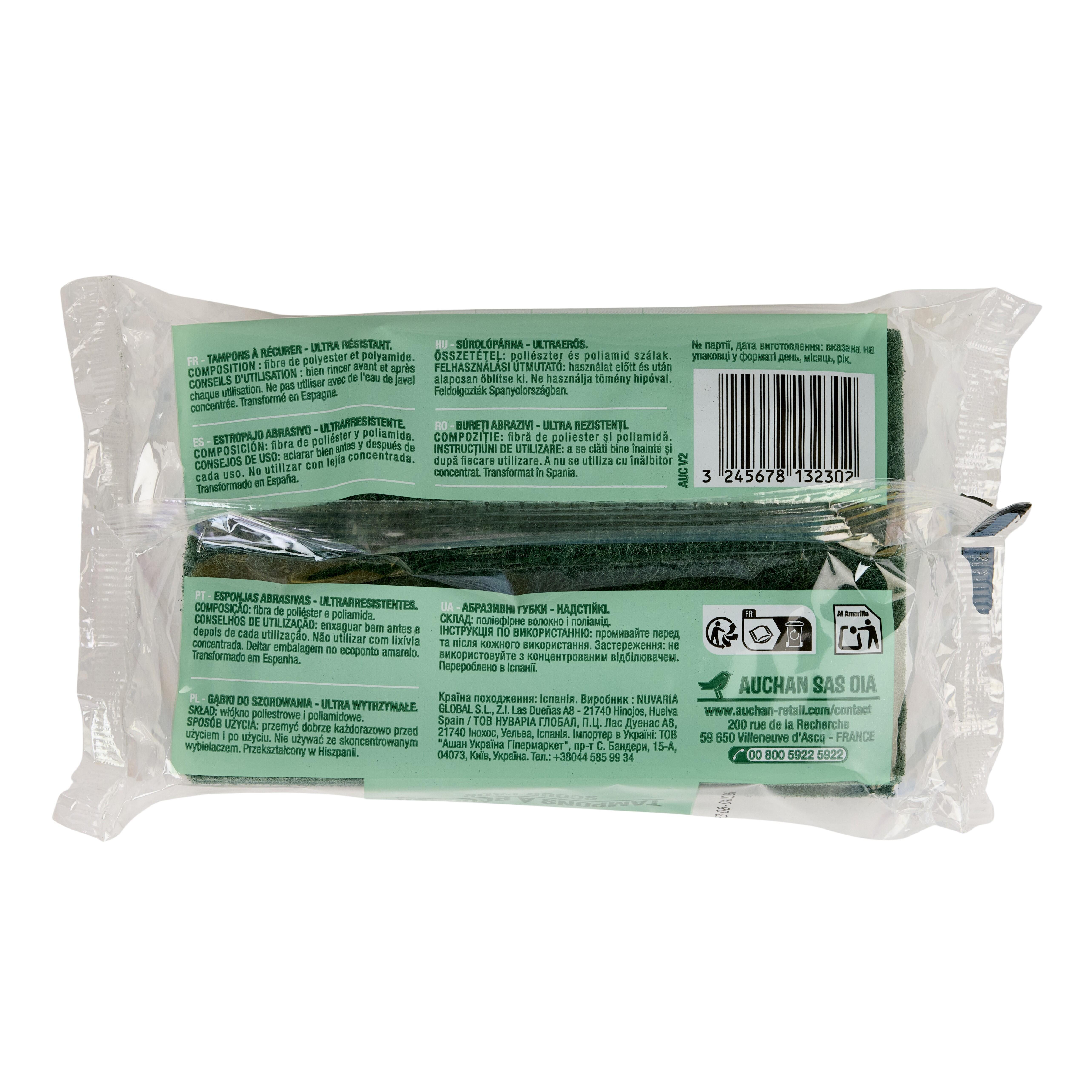 Voir la diapositive 2 : AUCHAN Éponges grattantes multi-usages 4 tampons