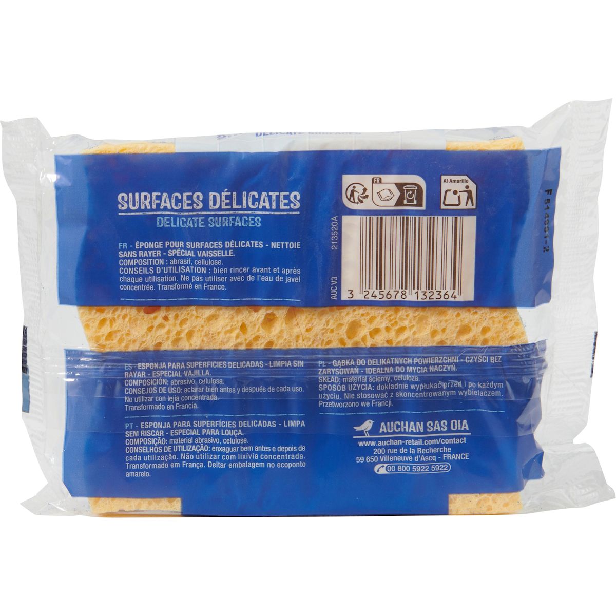 AUCHAN Éponges cuisine pour surfaces délicates 2 éponges