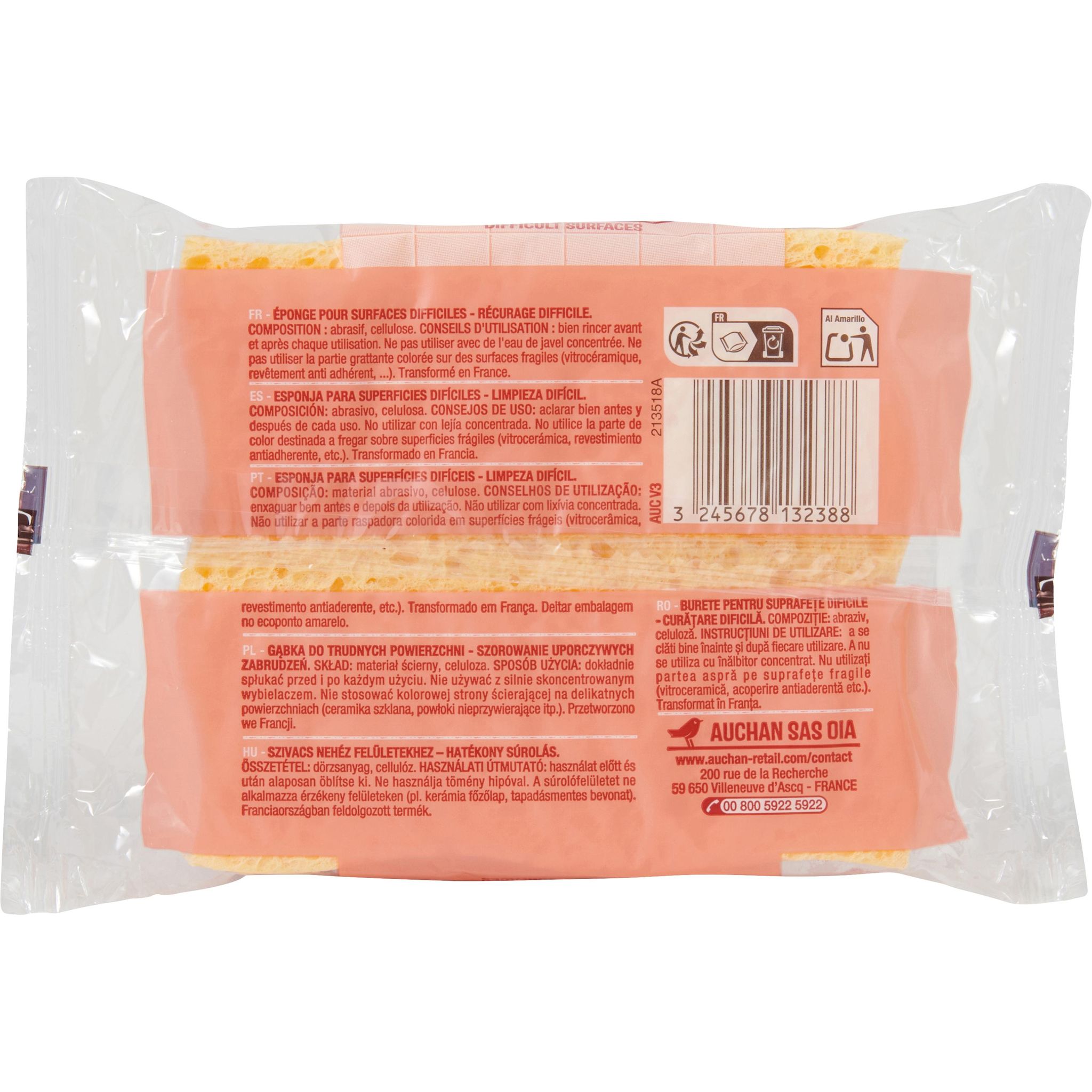 Voir la diapositive 3 : AUCHAN Éponges cuisine tâches difficiles 2 éponges