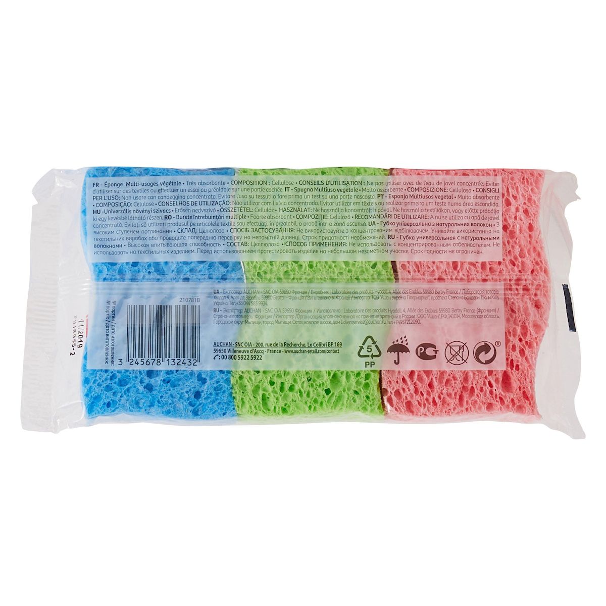 AUCHAN Éponges végétales multi-usages 3 éponges