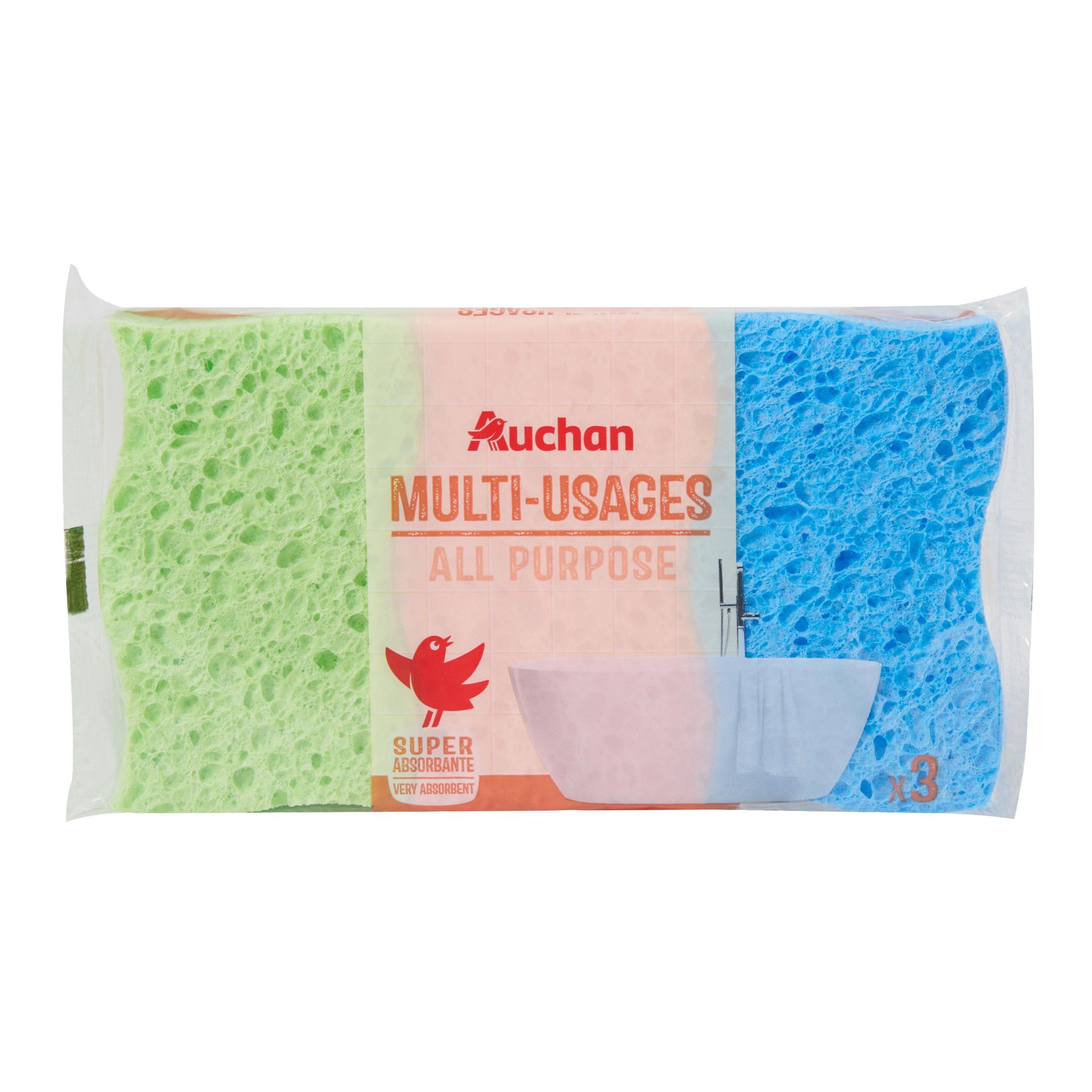 Voir la diapositive 2 : AUCHAN Éponges végétales multi-usages 3 éponges