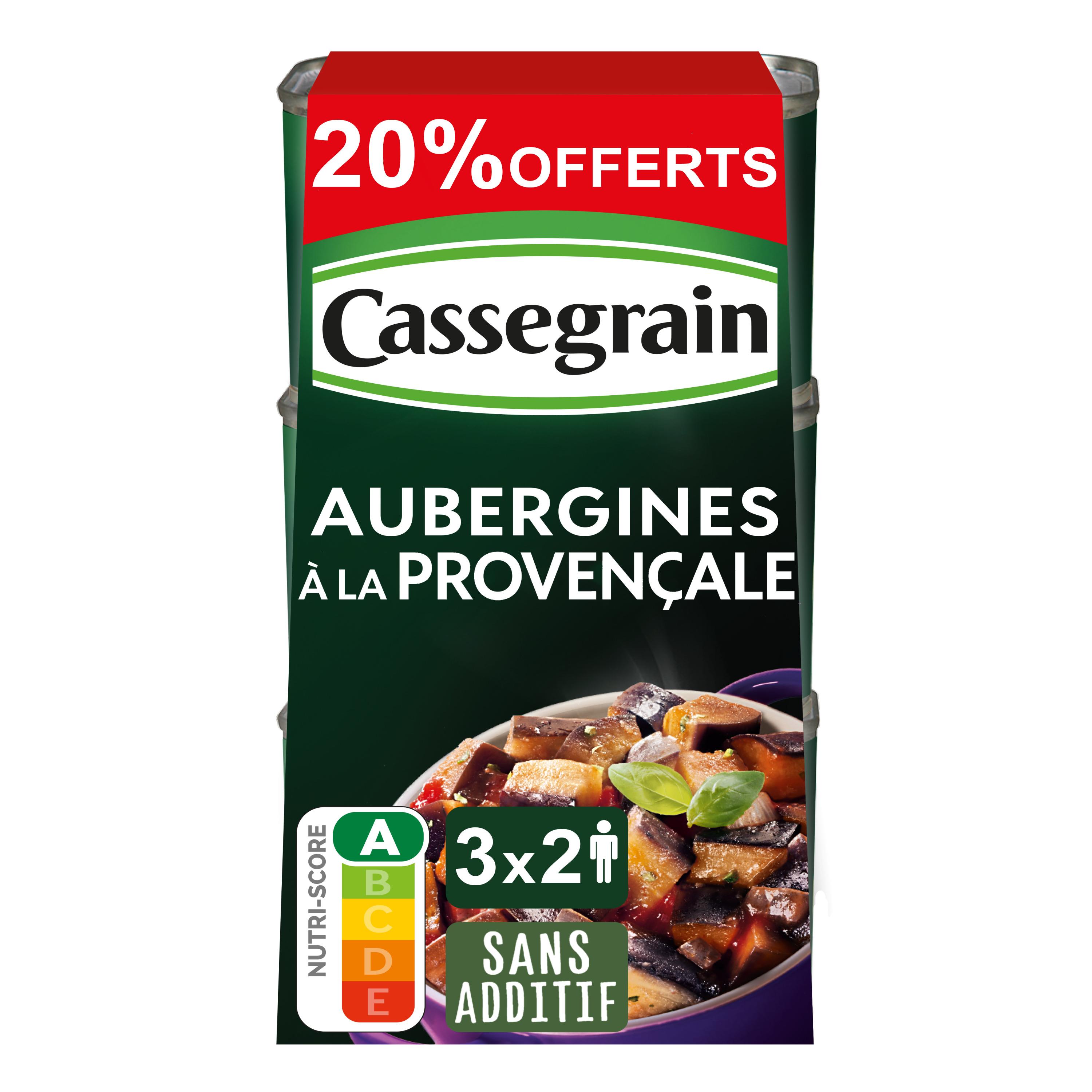 CASSEGRAIN Aubergines cuisinées à la provençale à l'huile d'olive vierge extra 1% 20% offert 3x375g