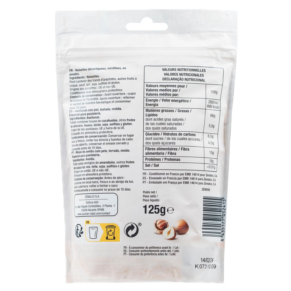 AUCHAN Noisettes grillées en poudre 125g