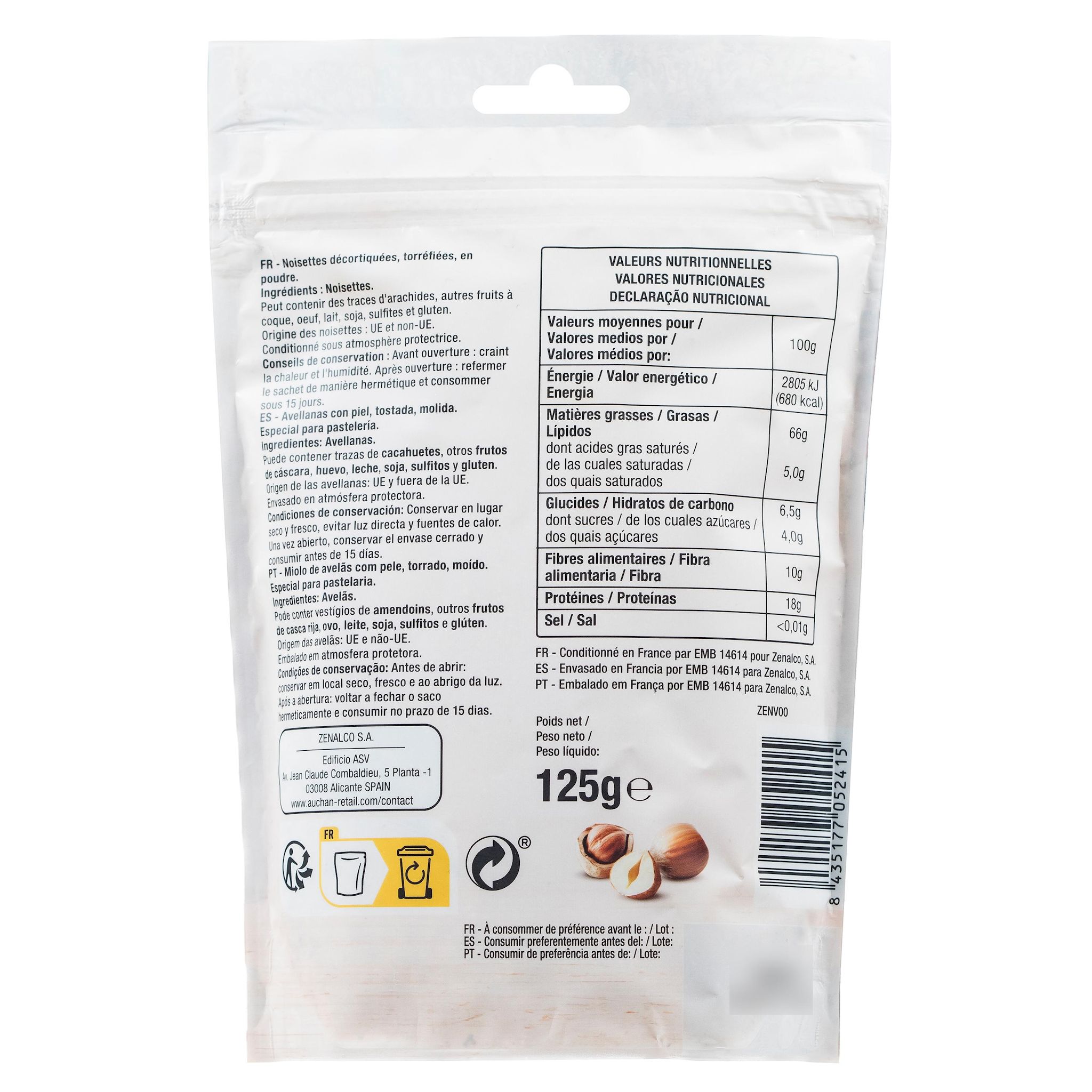 Voir la diapositive 2 : AUCHAN Noisettes grillées en poudre 125g