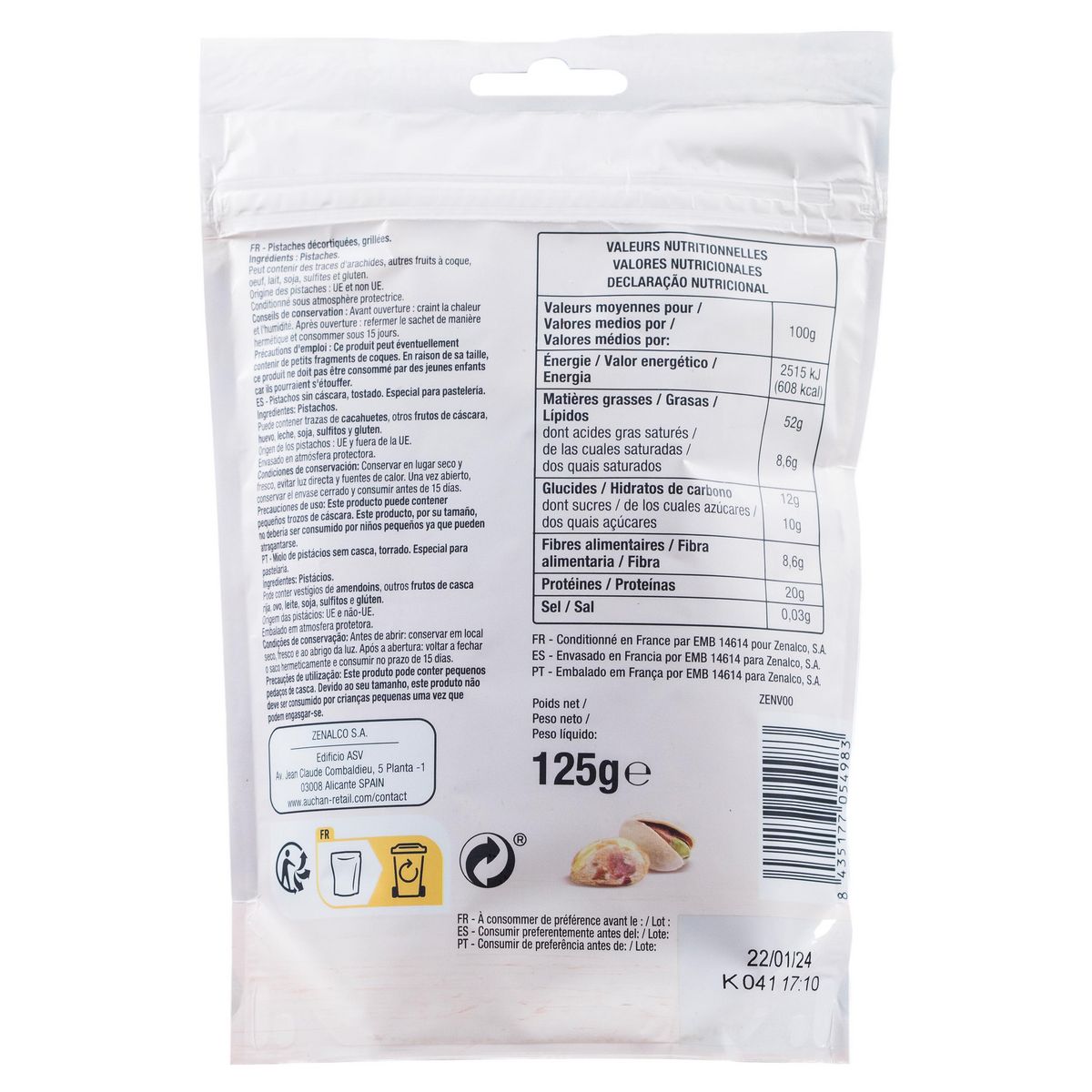 AUCHAN Pistaches décortiquées 125g